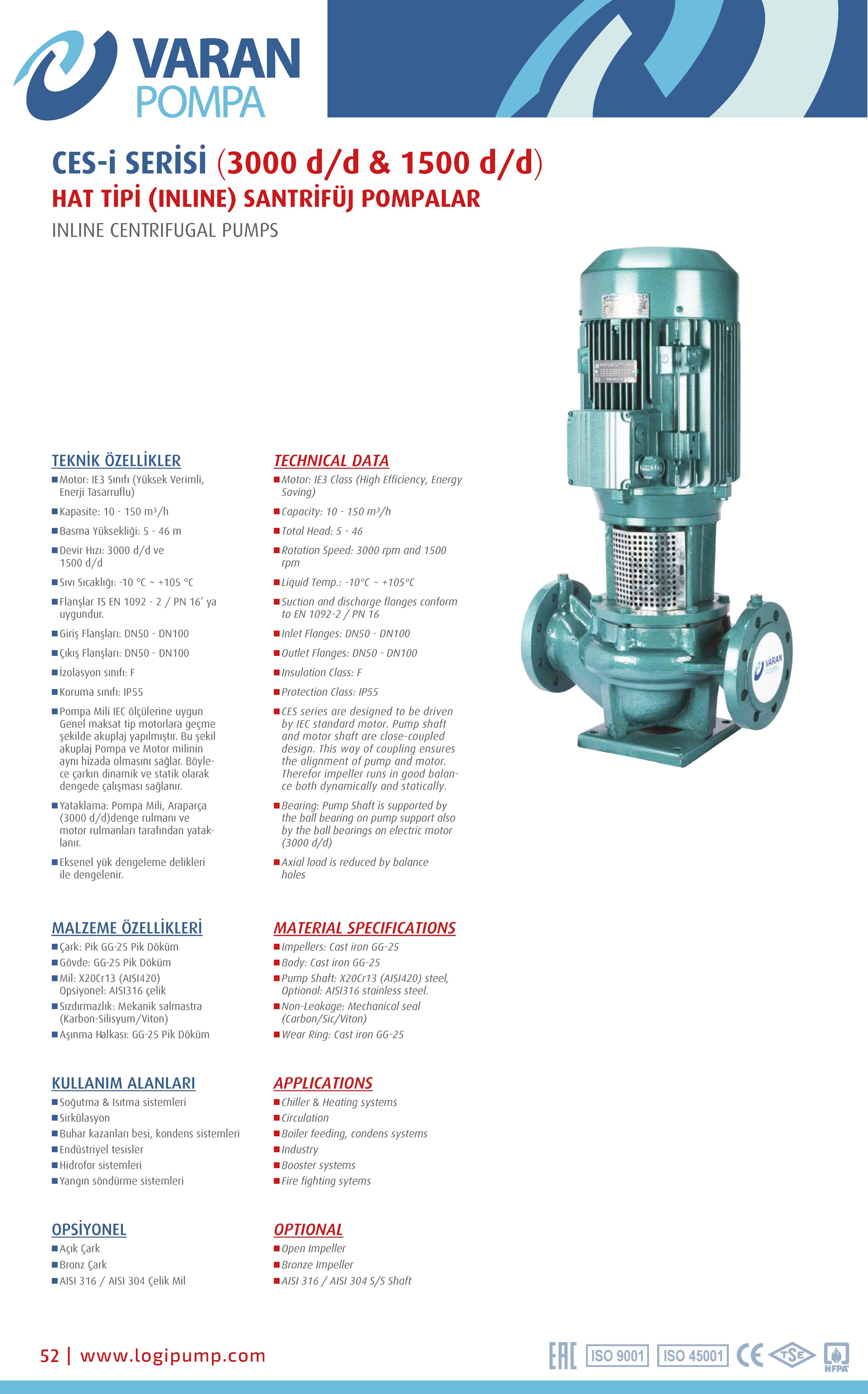 Varan CES-I 40-13-02202 Pik Döküm / İn-line (Hat Tipi) Endüstriyel Dik Milli Santrifüj Pompa (3 HP / 2.2 kW) 27 mSS / 25 m3/h
