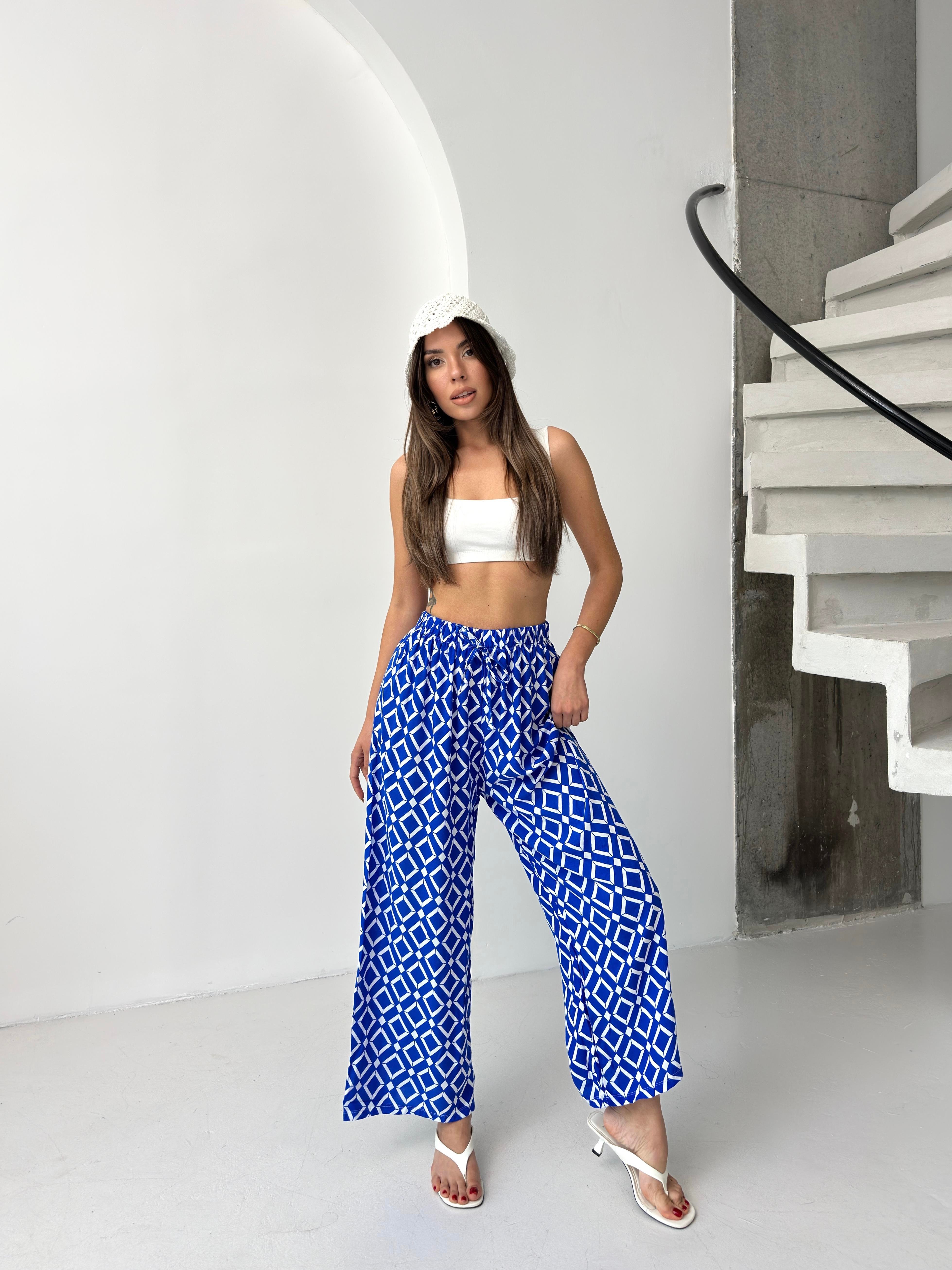 Saks Mavi Geometrik Desenli Bol Paça PantolonPantolonJeevee