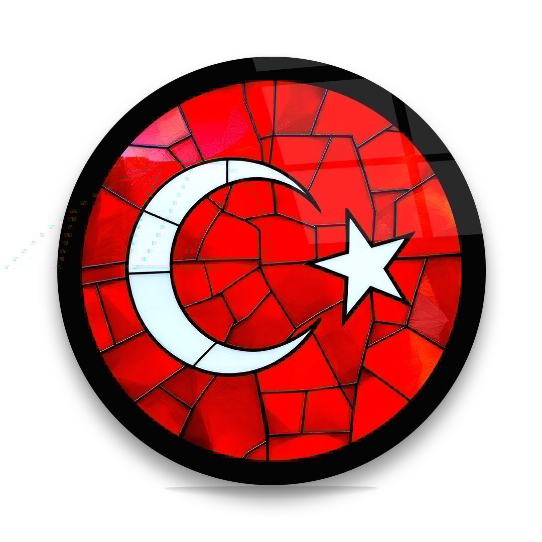 Vitray Desenli Türk Bayrağı Yuvarlak Cam Tablo