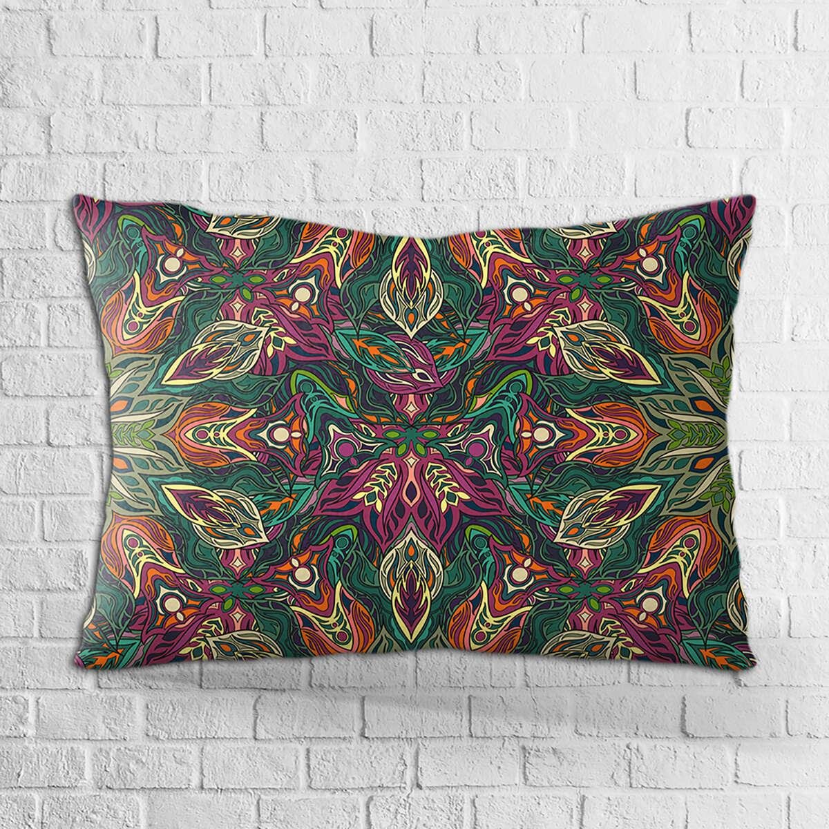 Çift Taraflı 35x50 Yeşil Mor Retro Vintage Desenli Dijital Baskılı Kırlent Kılıfı - OTYK045-3550