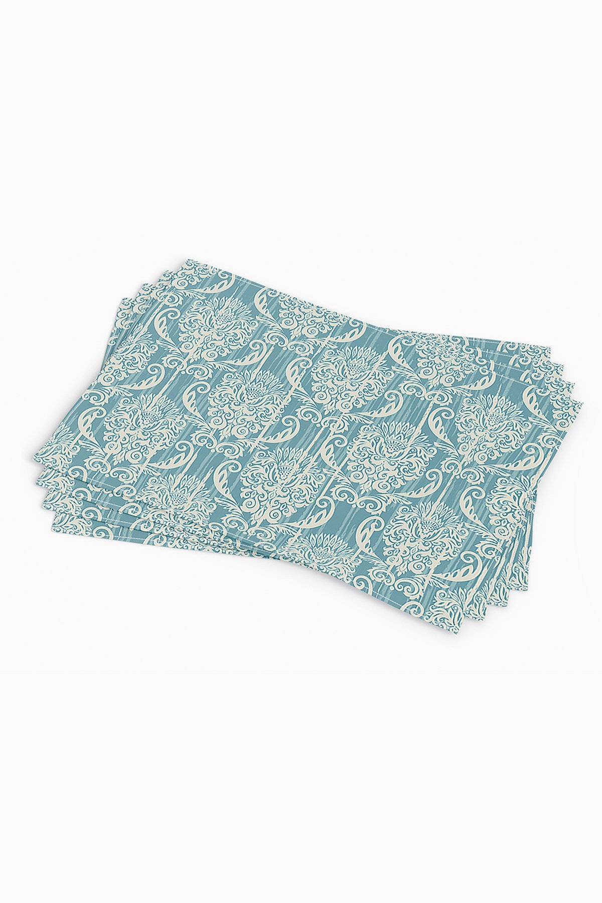 Mavi Krem Damask Desenli Dijital Baskılı Amerikan Servisi 4'lü Set CGH096-AS