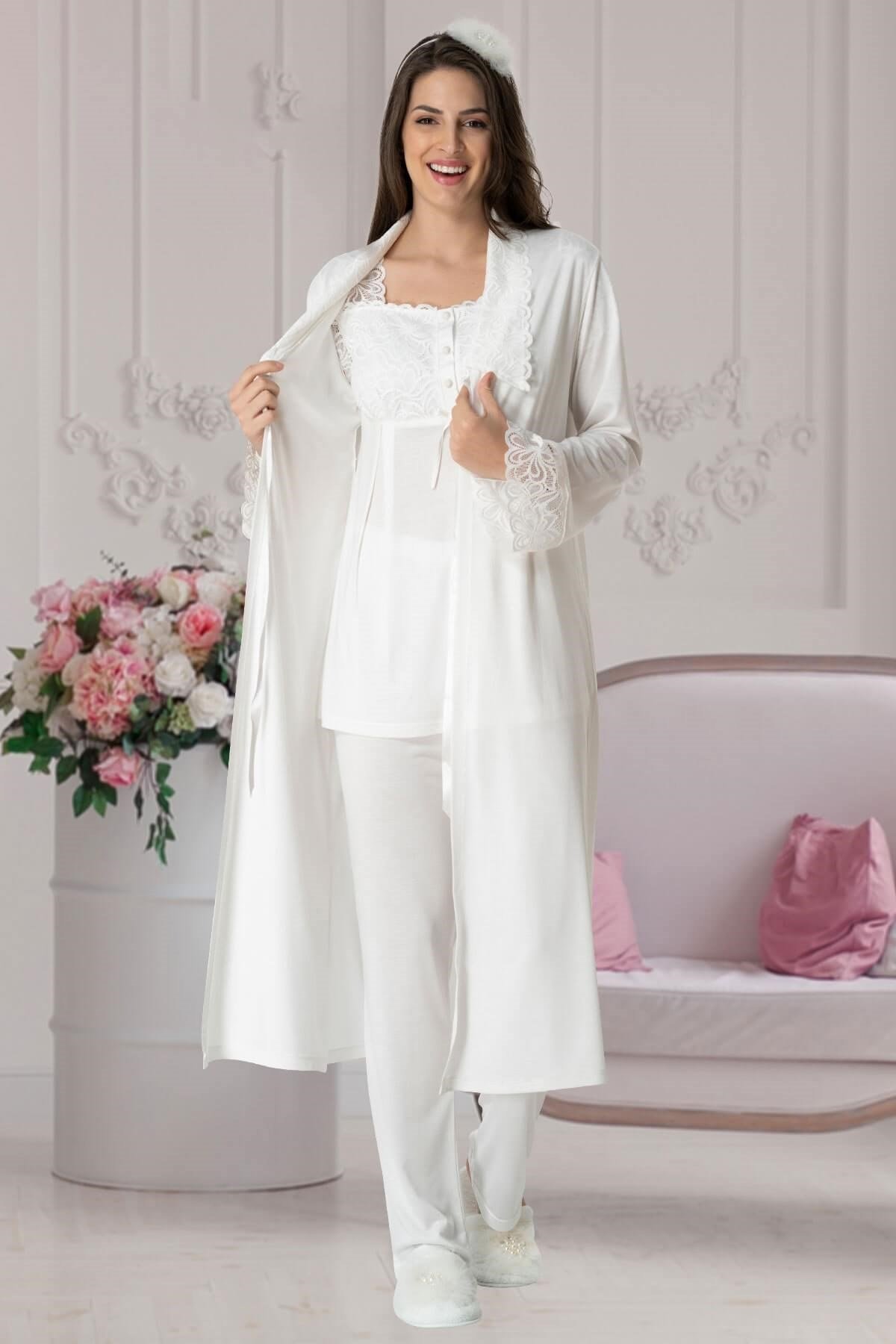 Carpediem 1541 Ekru Uzun Sabahlıklı Lohusa Pijama Takımı | Mecit