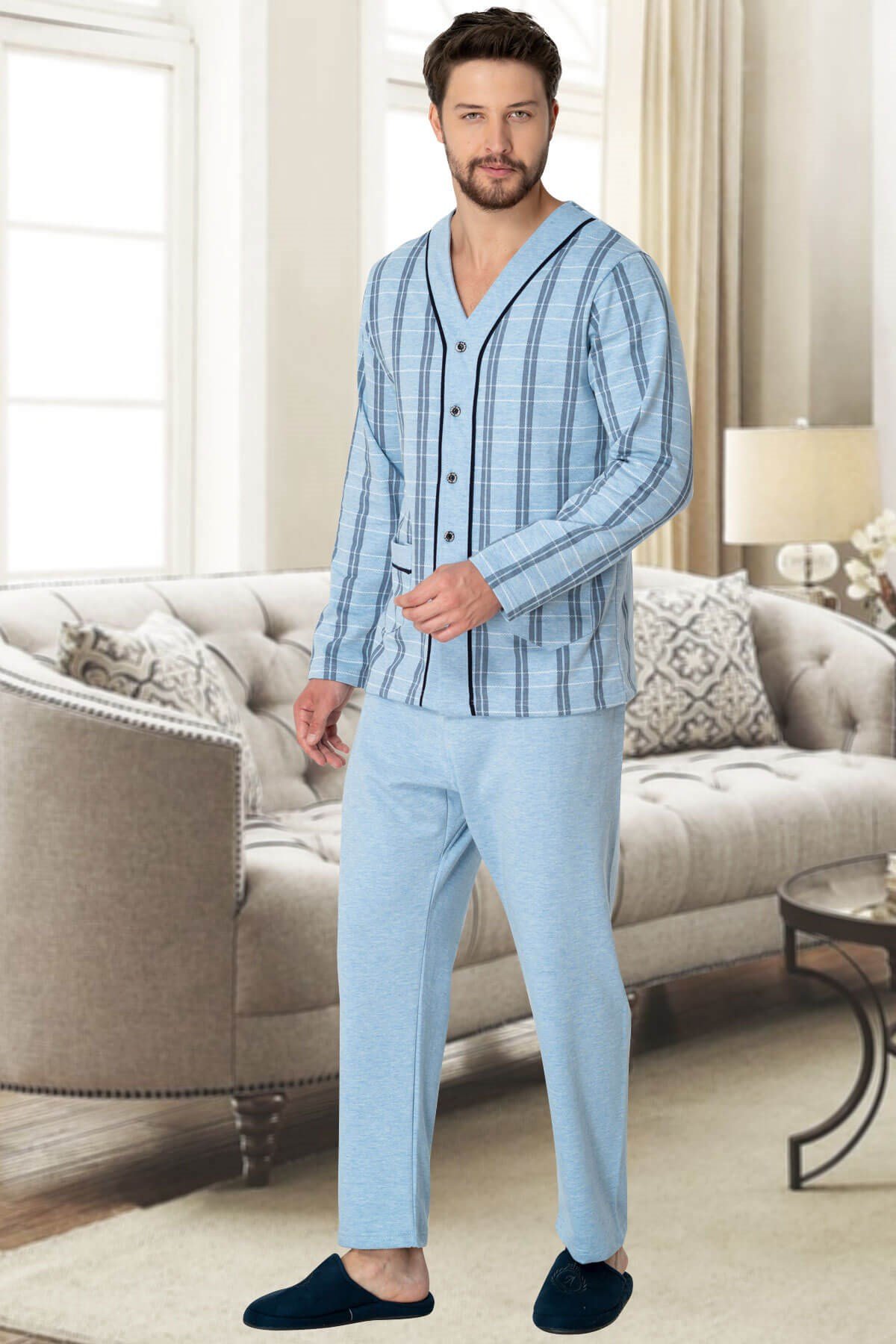Mecit 2767 Mavi Önden Düğmeli Büyük Beden Erkek Pijama Takımı | By Mecit  Pijama