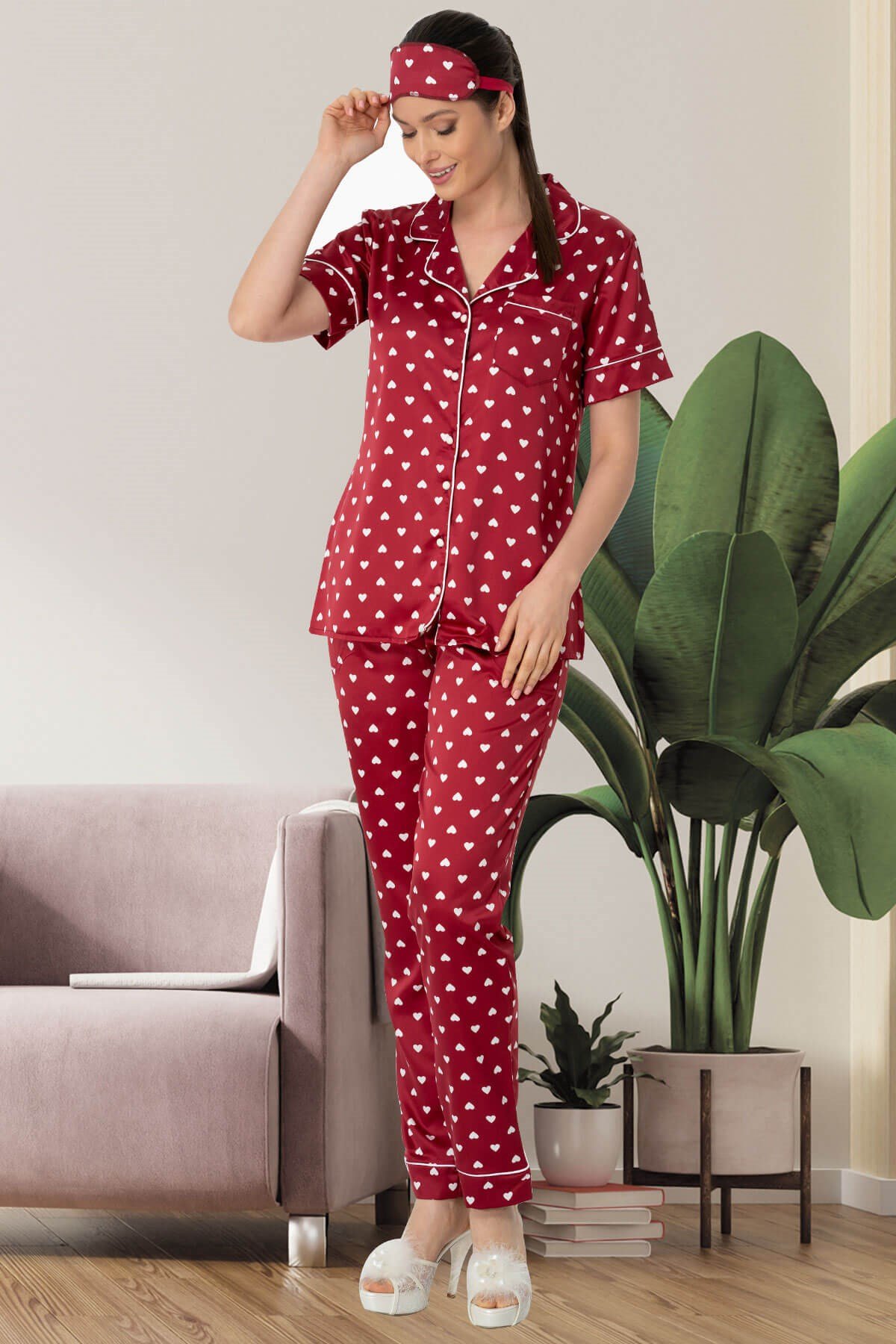 Mecit 5476 Kalp Desenli Kırmızı Saten Pijama Takımı | Mecit Pijama