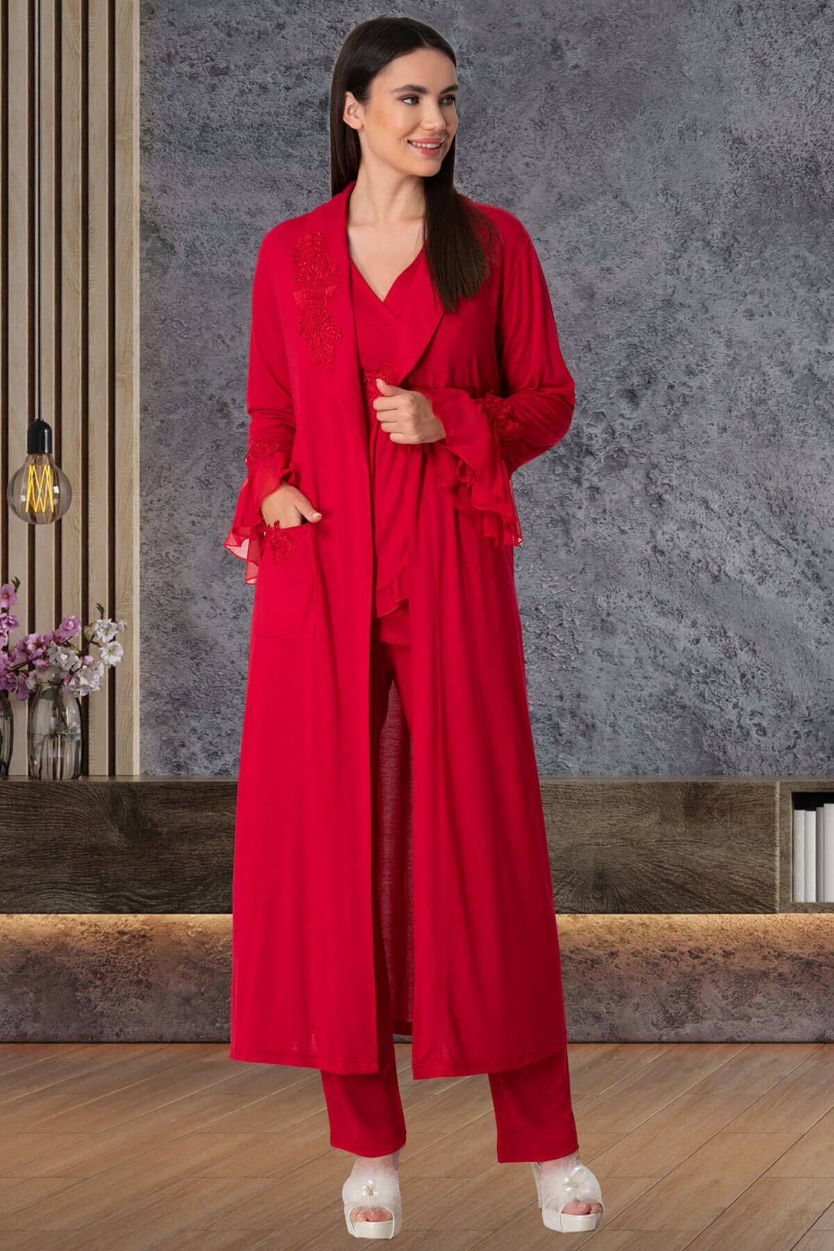 Mecit 5557 Kırmızı Uzun Sabahlıklı Lohusa Pijama Takımı | Mecit Pijama
