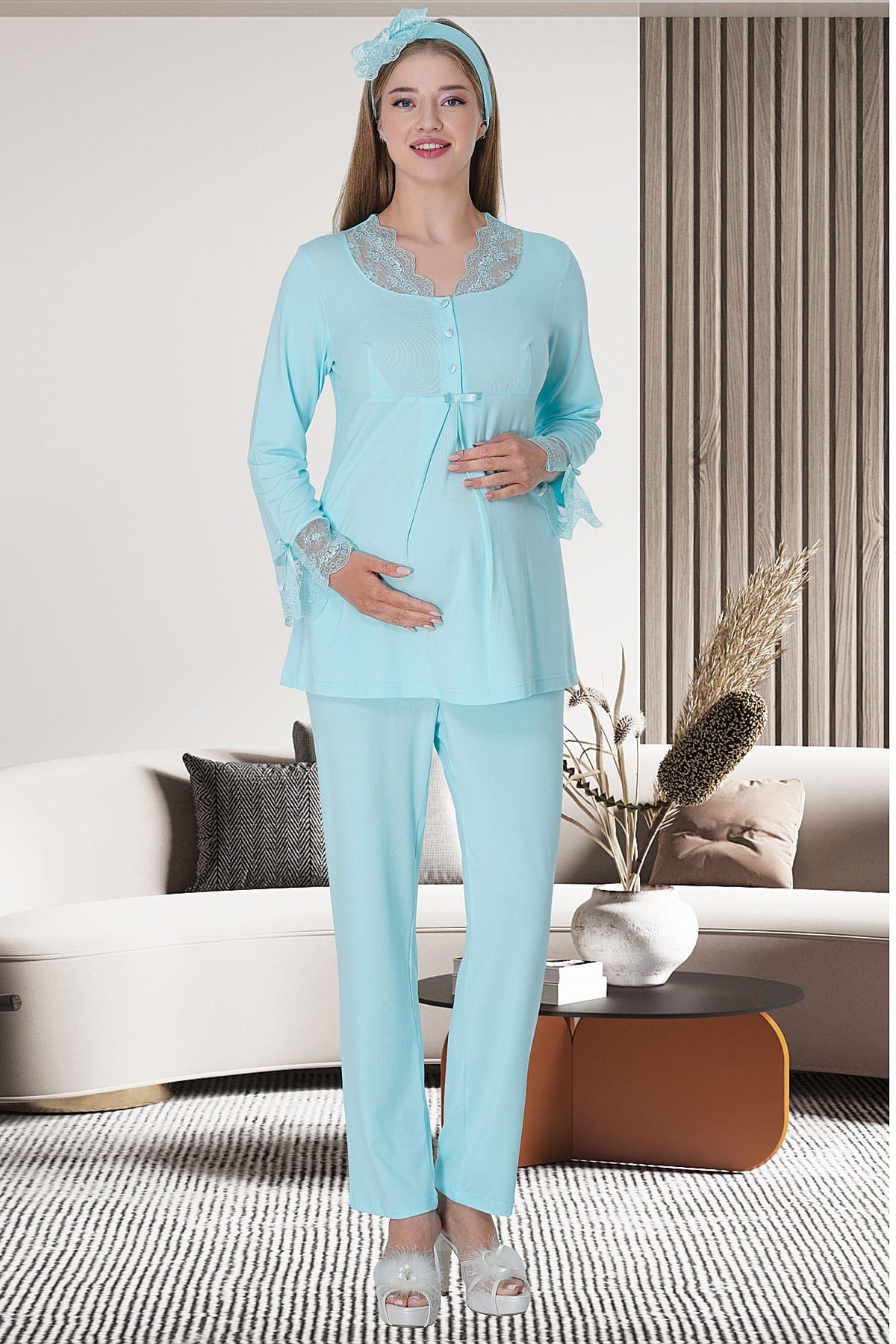 Mecit 5701 Turkuaz Peluş Sabahlıklı Lohusa Pijama Takımı | Mecit Pijama