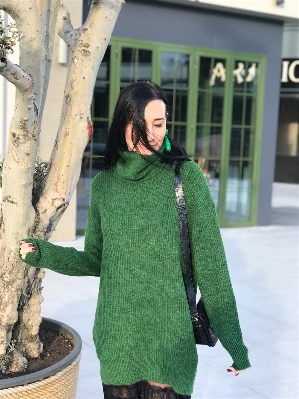 Yeşil Boğazlı Oversize Kazak Elbise