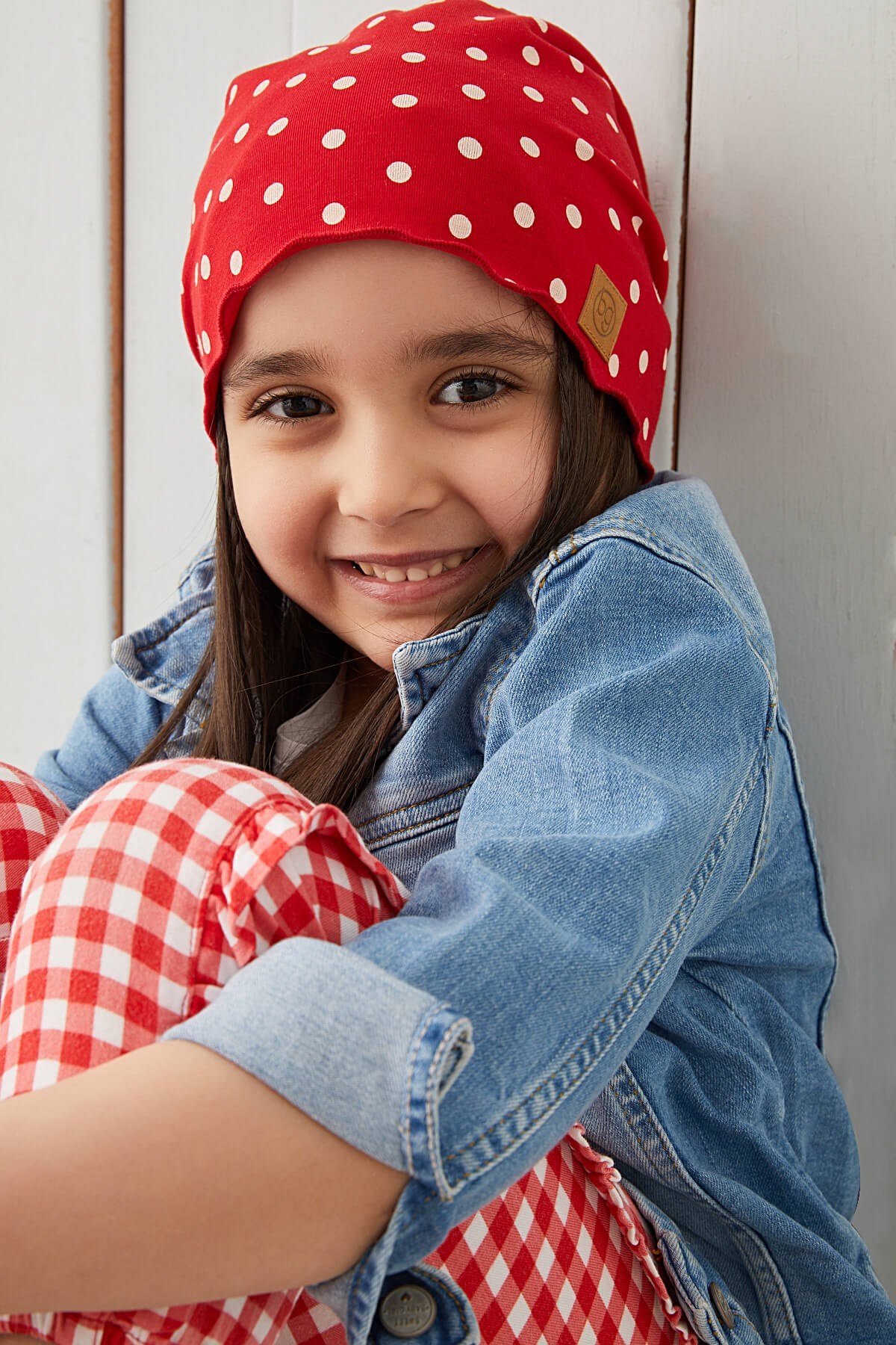 Kırmızı Beyaz Puantiye Kız Çocuk Bebek Şapka Bere yumuşak %100 pamuklu  penye TREND SERİ