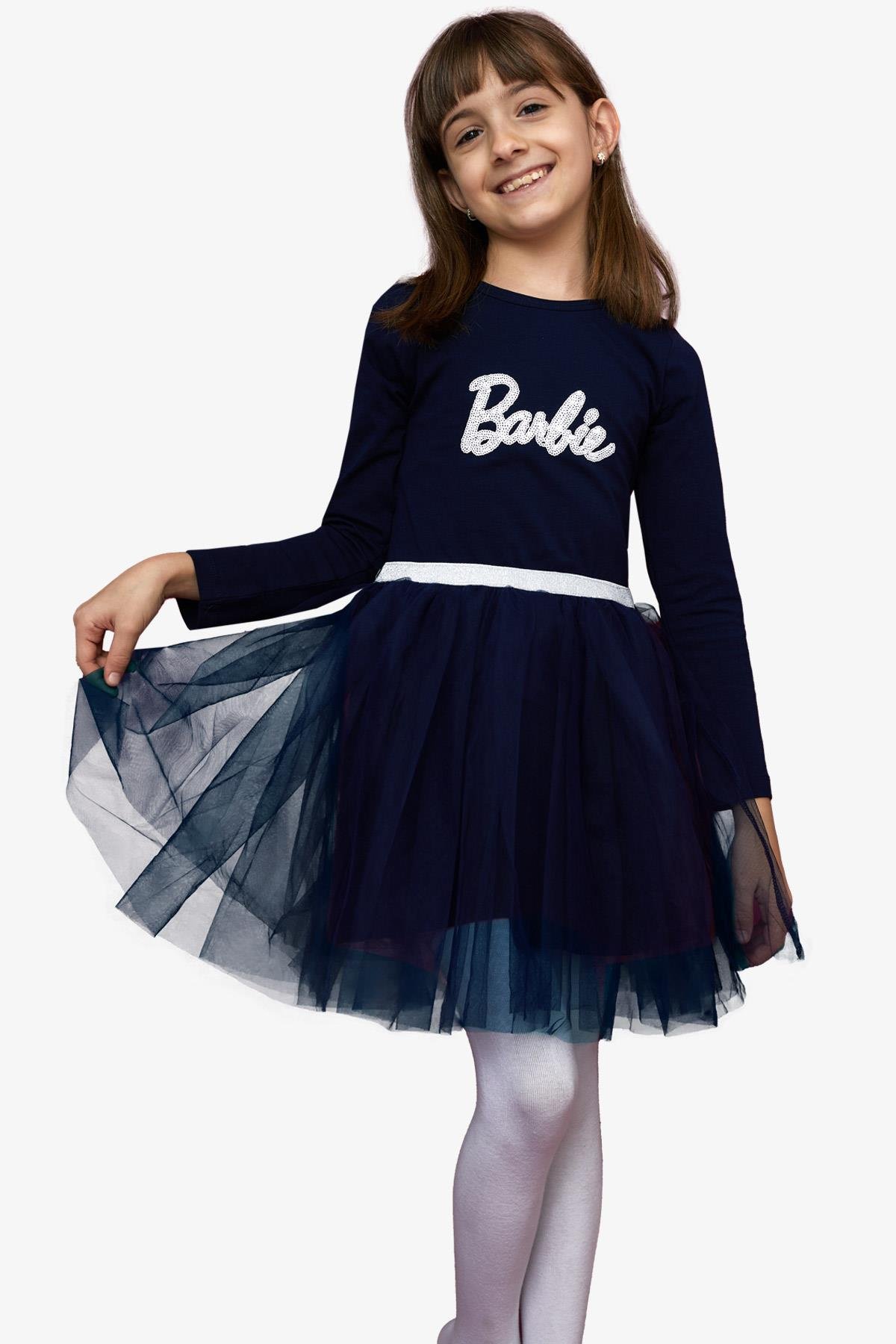 Kız Çocuk Uzun Kollu Elbise Pullu Yazı Baskılı Tüllü Lacivert 9 Yaş -  Kışlık Baharlık Elbiseler | Breeze