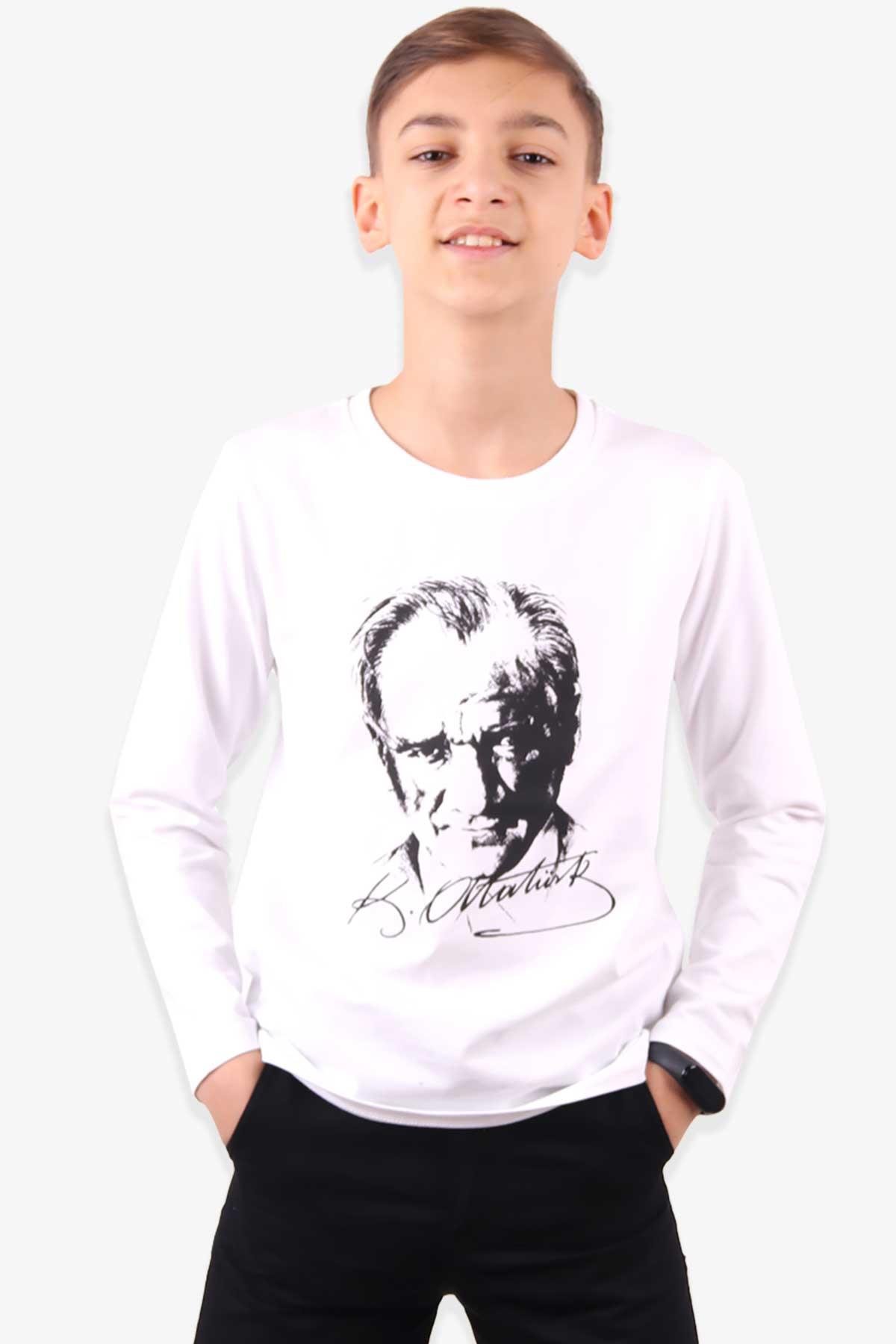 Atatürk Baskılı - Çocuk Uzun Kollu Tişört | Beyaz 5-14 Yaş
