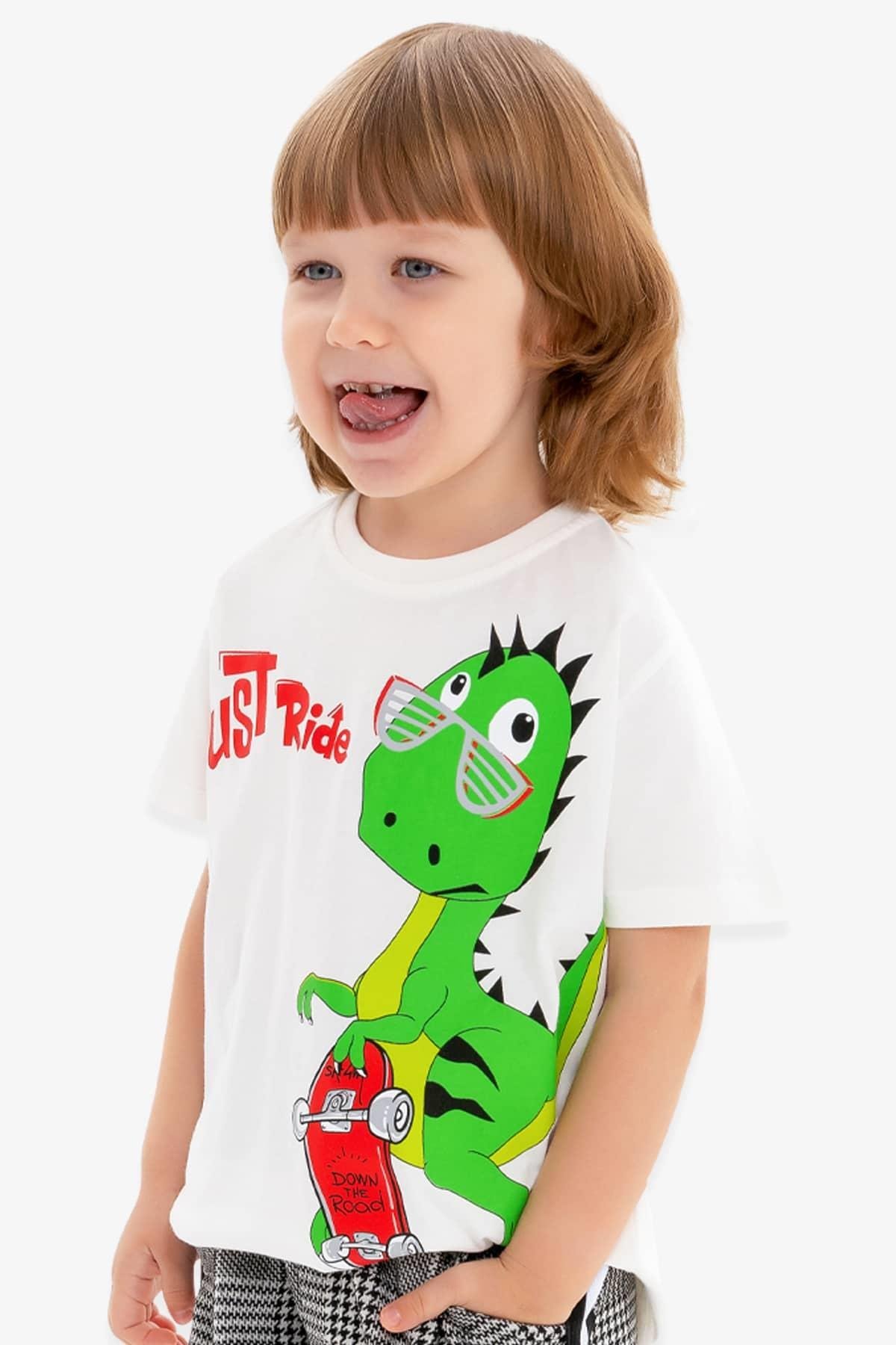 Erkek Çocuk Tişört Kaykaylı Dinozor Baskılı Ekru 2-3 Yaş - Yazlık Tişört  Modelleri | Breeze