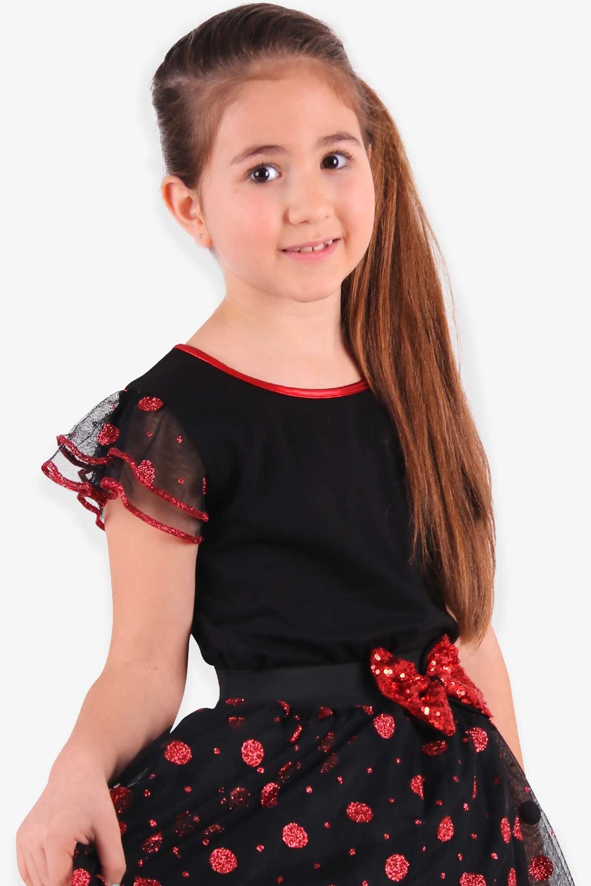 Kız Çocuk Tişört Pullu Fiyonklu Siyah Kırmızı 4-12 Yaş