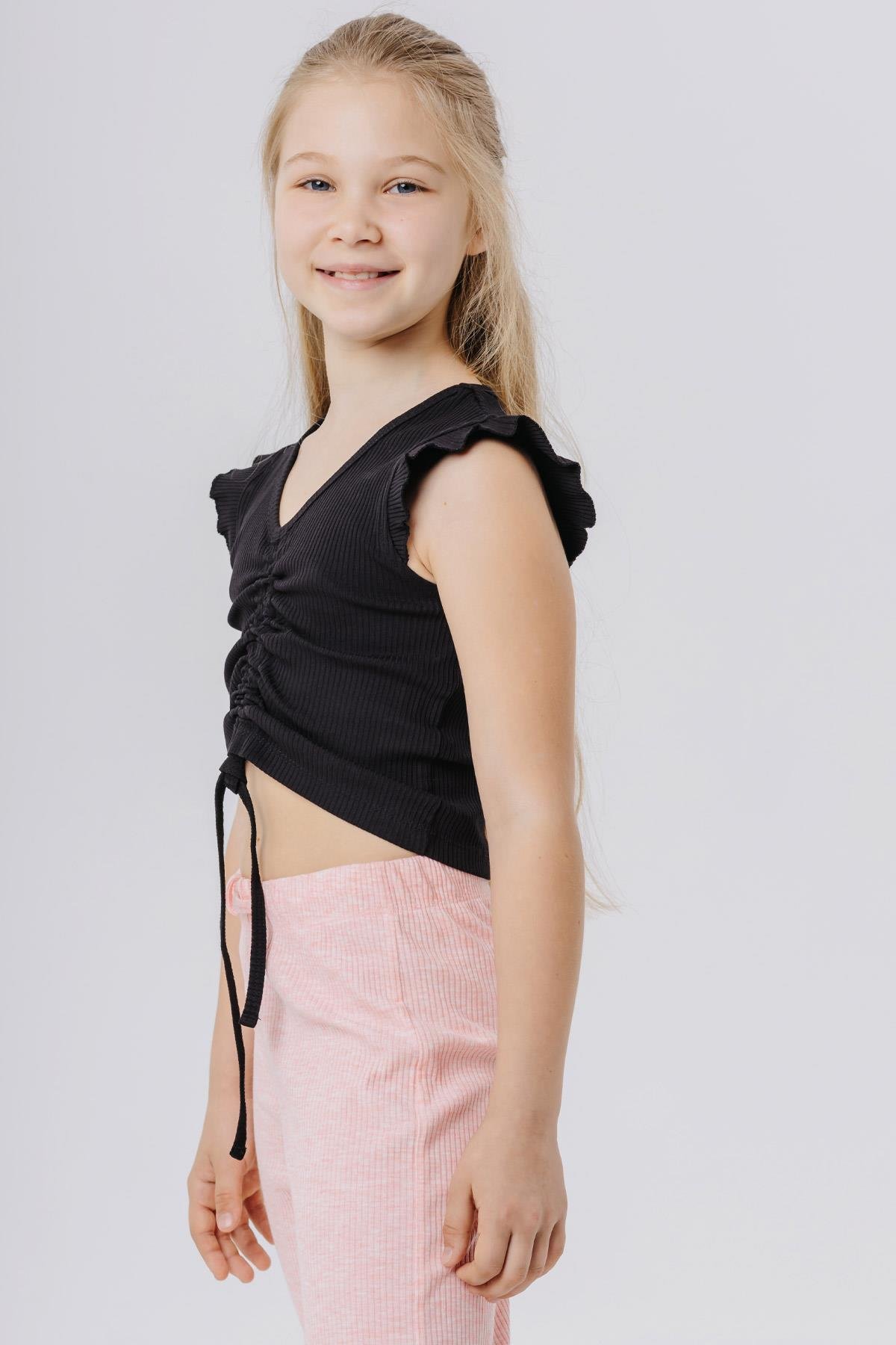 Kız Çocuk Crop Tişört Bağcıklı Fırfırlı Siyah 8-14 Yaş - Hesaplı Fiyatlarla  | Breeze