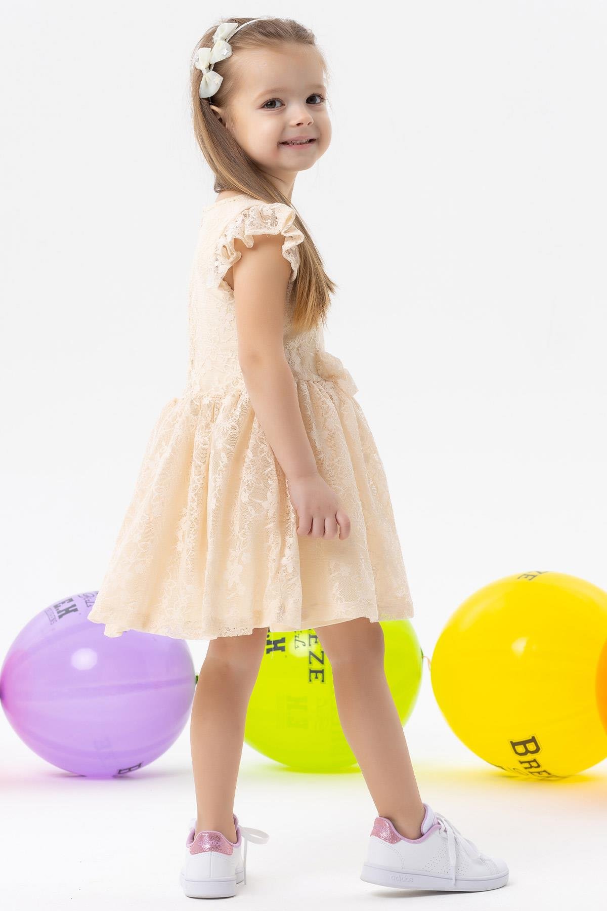 Kız Çocuk Elbise Fiyonklu Tüllü Güpürlü Krem 4-5 Yaş - Yazlık Elbiseler |  Breeze