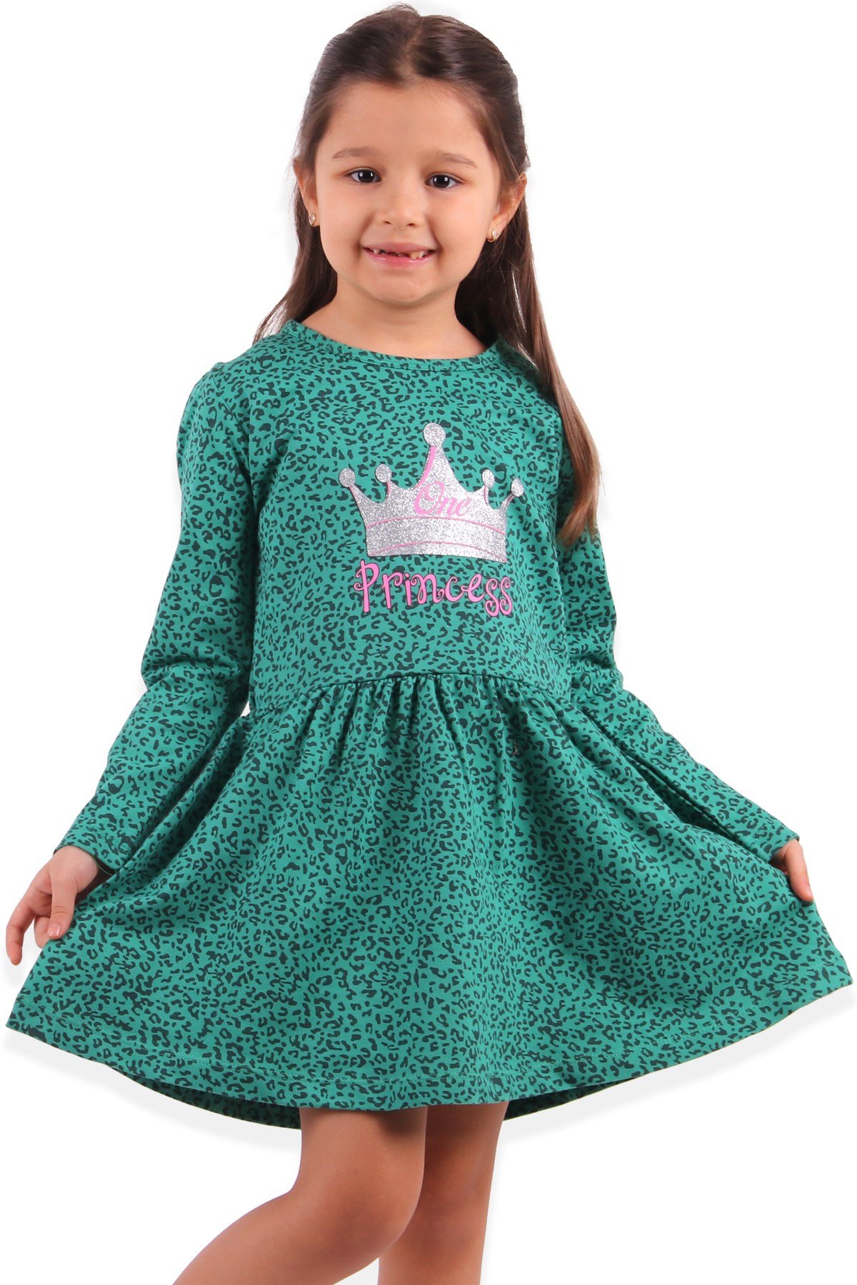 Kız Çocuk Elbise Prenses Baskılı Yeşil (3-5 Yaş)