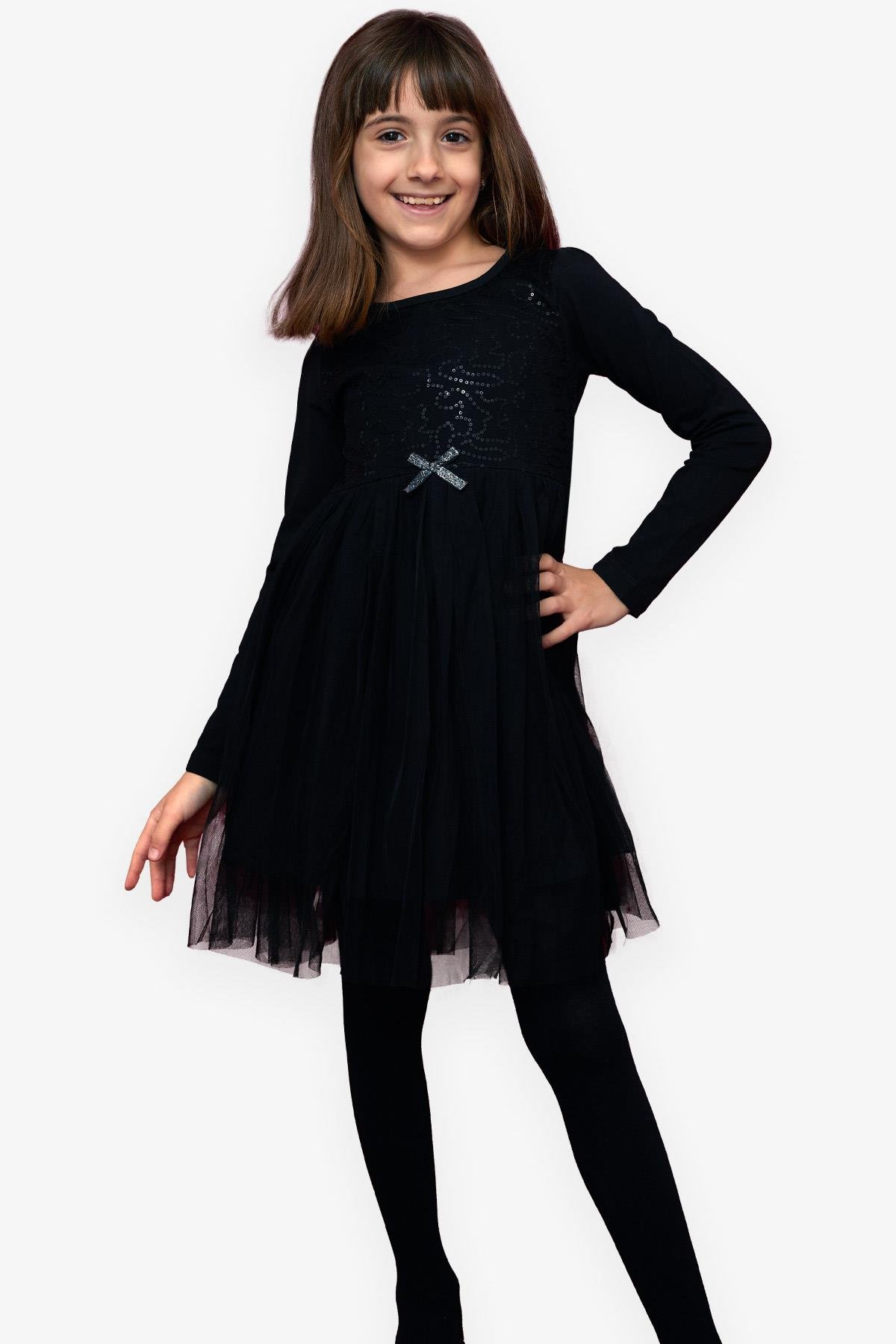 Kız Çocuk Elbise Pullu Fiyonklu Tüllü Siyah 4-9 Yaş - Kışlık Baharlık  Elbiseler | Breeze