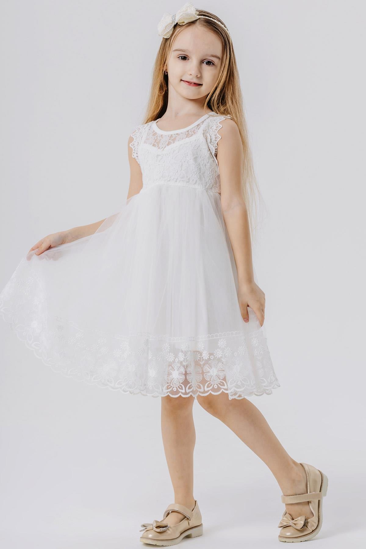 Kız Çocuk Elbise Tüllü Güpürlü Beyaz 9 Yaş - Yazlık Elbiseler | Breeze