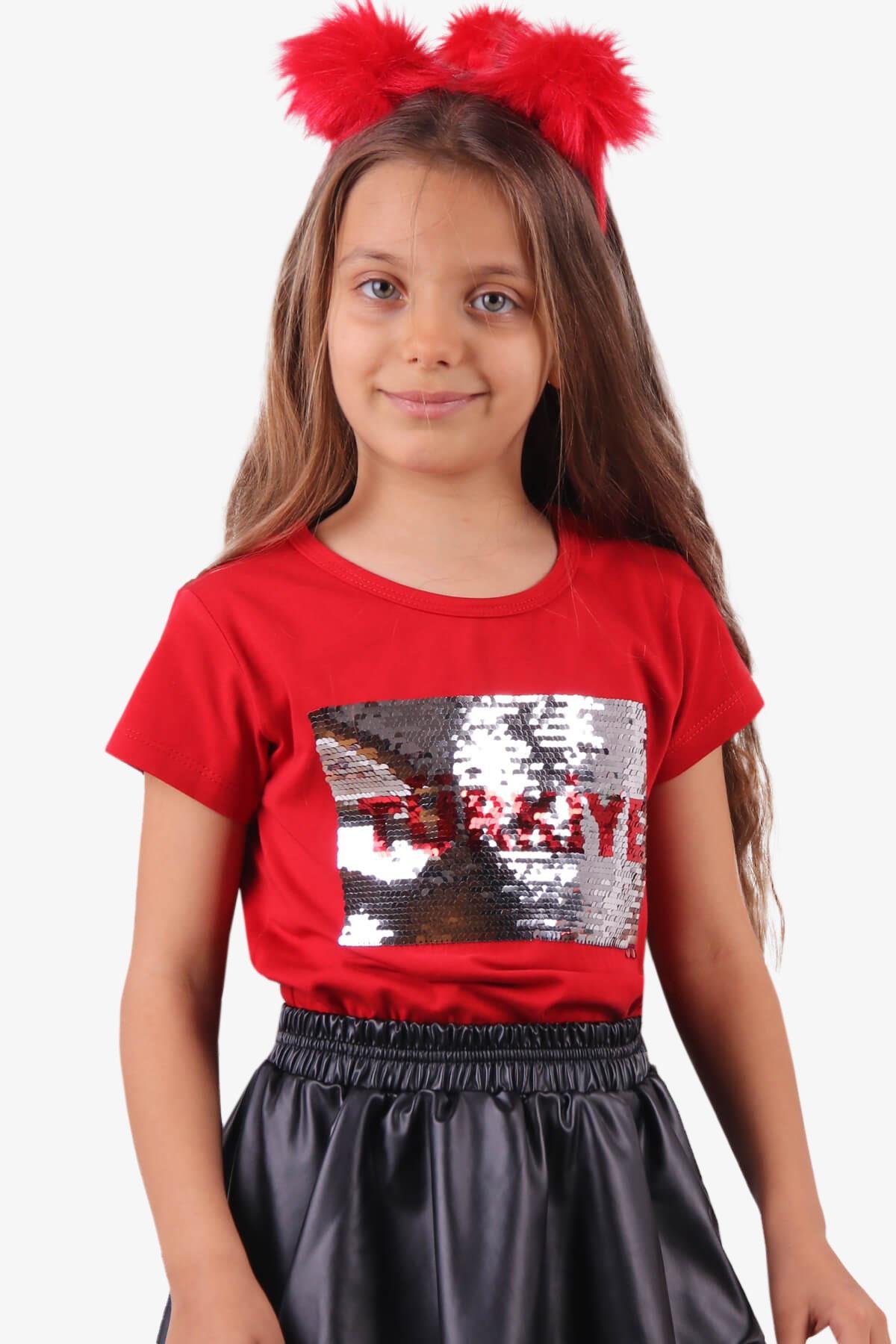 Kız Çocuk Tişört Pullu Kırmızı Ay Yıldızlı 3-14 Yaş