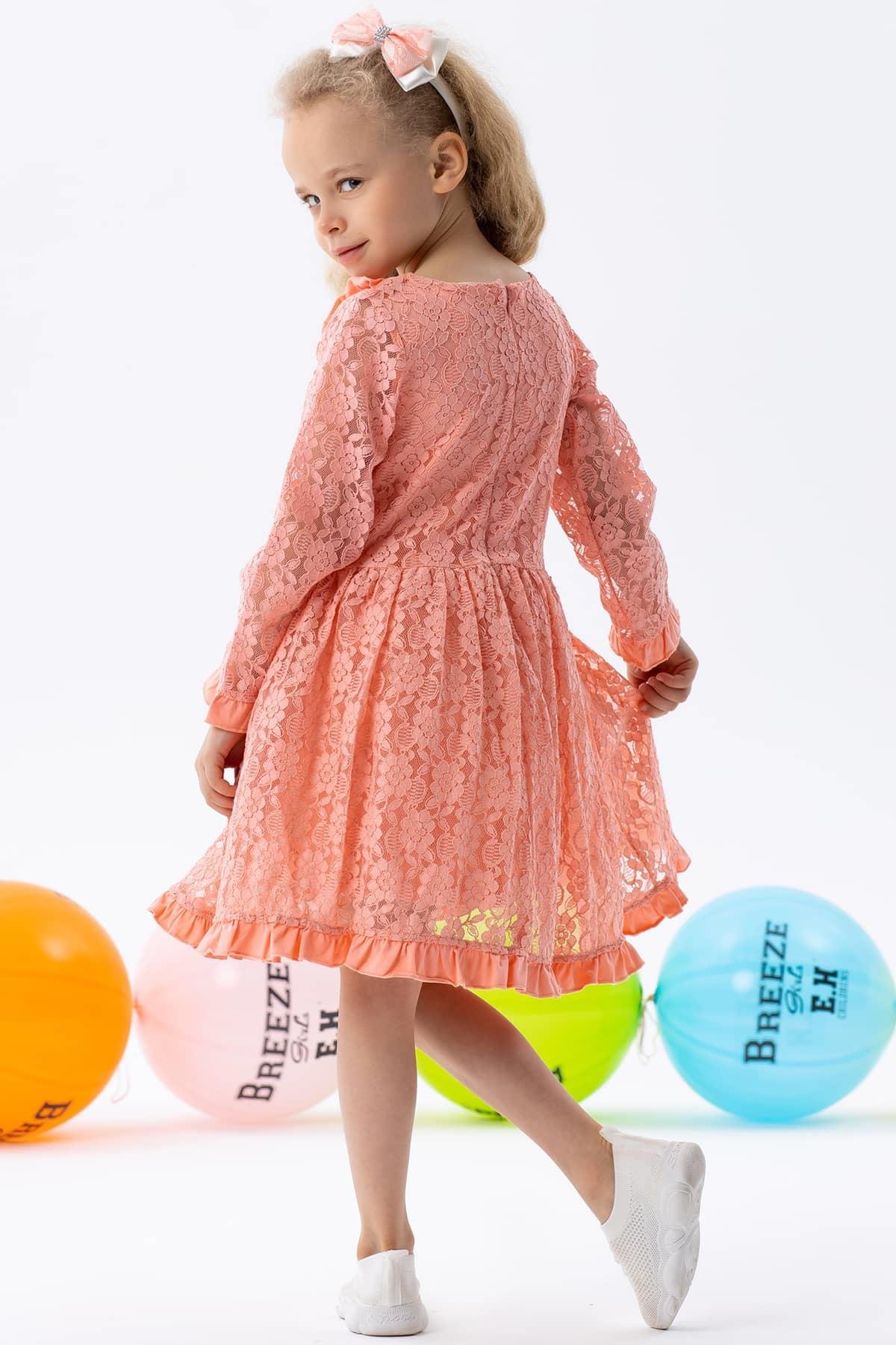 Kız Çocuk Uzun Kollu Elbise Dantelli Fiyonklu Somon 2-5 Yaş - Kışlık  Baharlık Elbiseler | Breeze