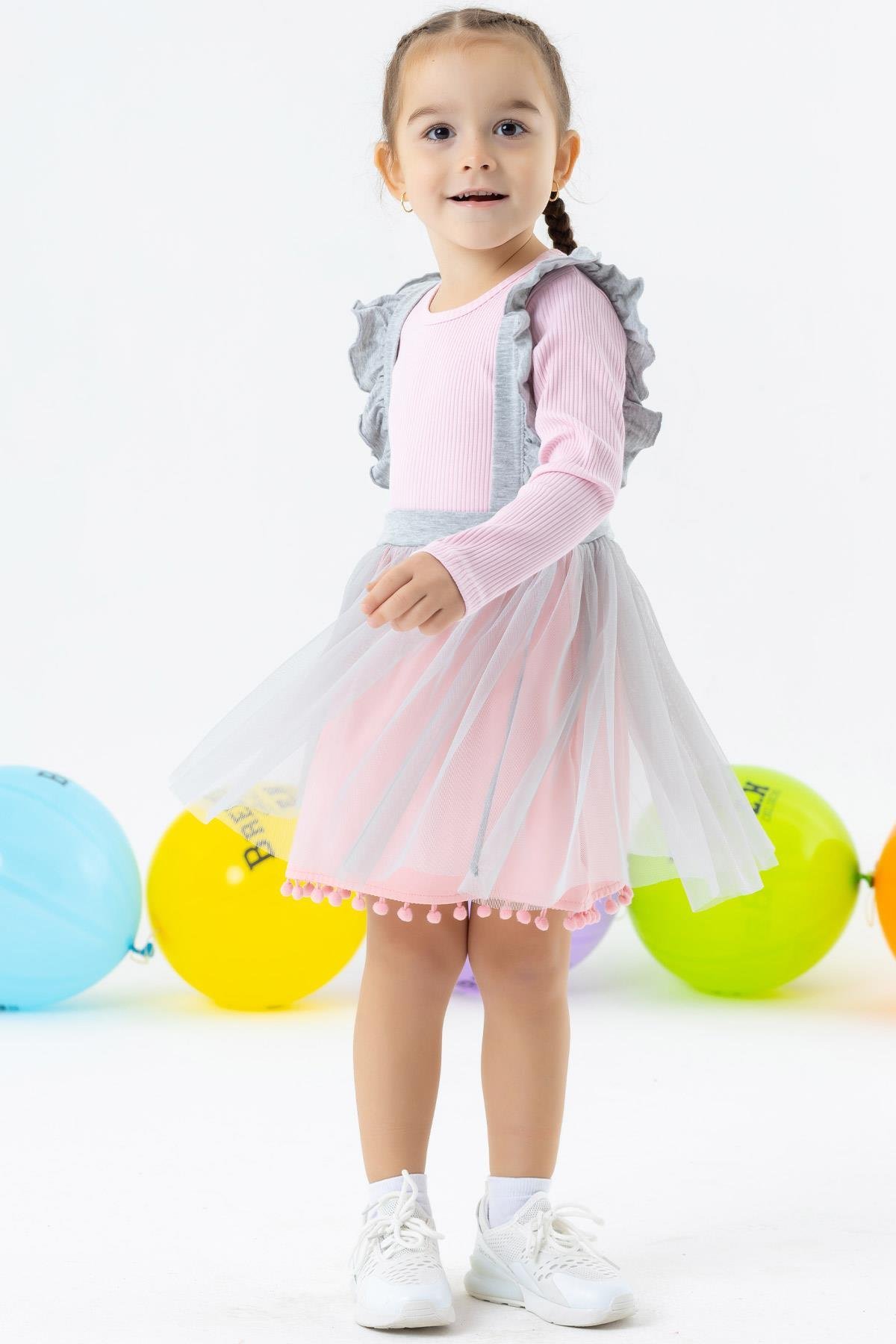 Kız Çocuk Uzun Kollu Elbise Ponponlu Tüllü Pudra 1.5-4 Yaş - Kışlık  Baharlık Elbiseler | Breeze
