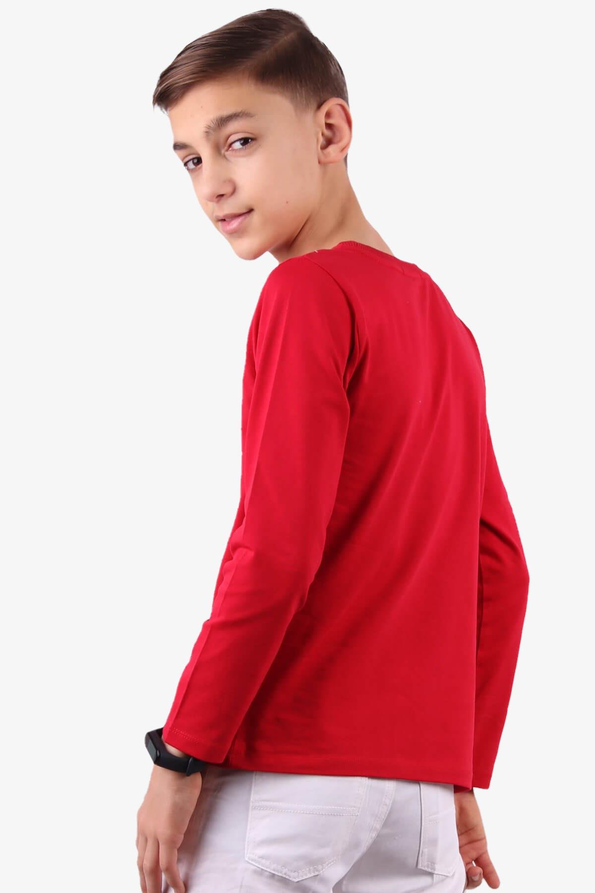 Erkek Çocuk Türk Bayraklı Uzun Kollu Tişört | Kırmızı 8-14 Yaş