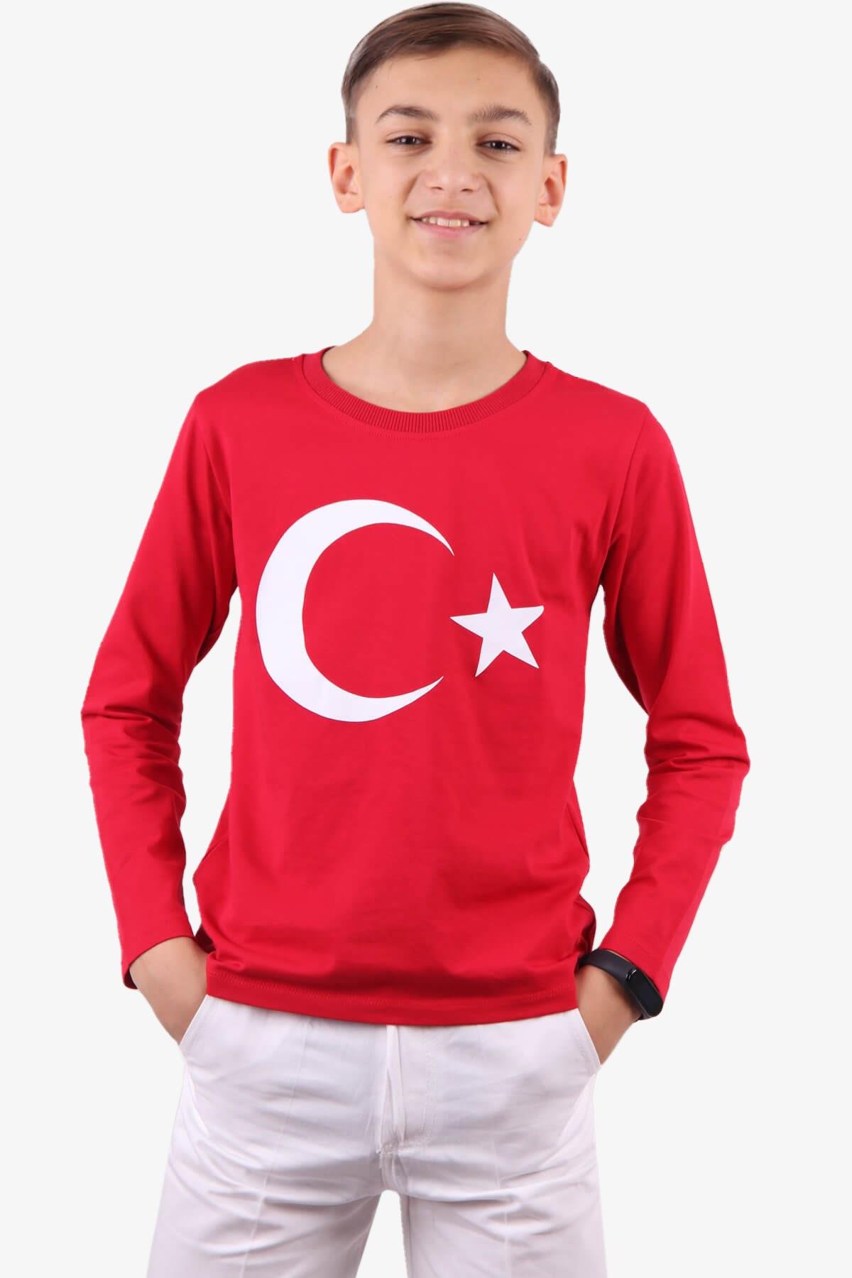 Erkek Çocuk Türk Bayraklı Uzun Kollu Tişört | Kırmızı 8-14 Yaş