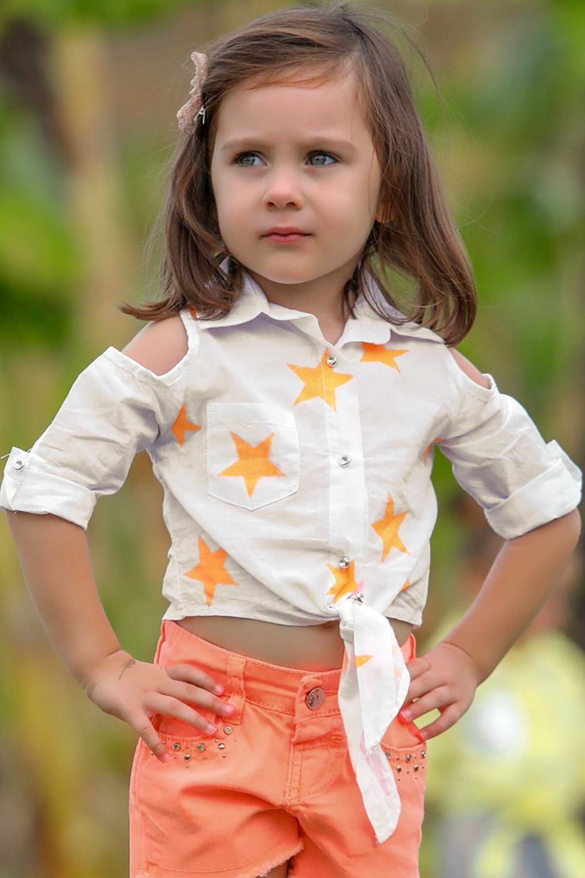 Kız Çocuk Gömlek Turuncu Yıldız Desenli Beyaz 5-16 Yaş - Tarz Modeller |  Breeze