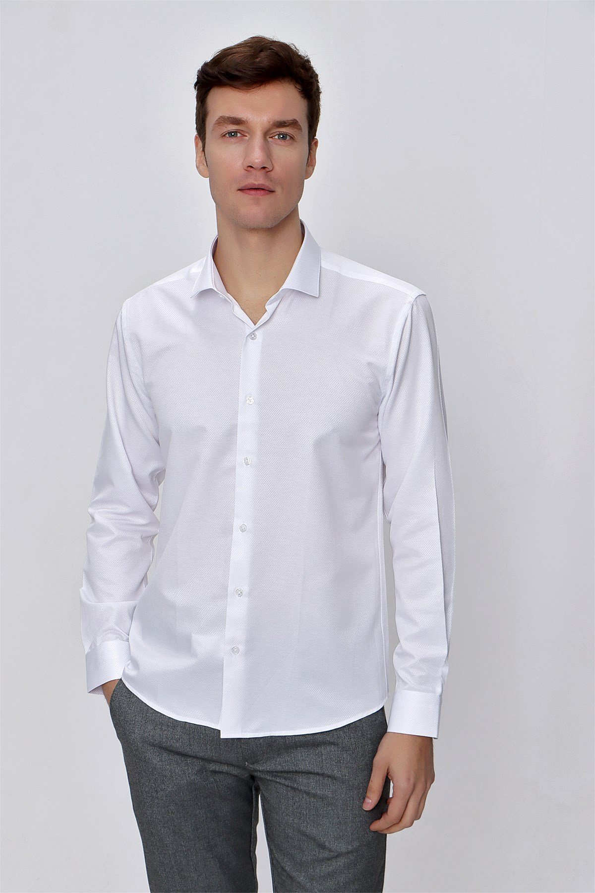  Morven Erkek Beyaz Slim Fit Jakarlı Gömlek