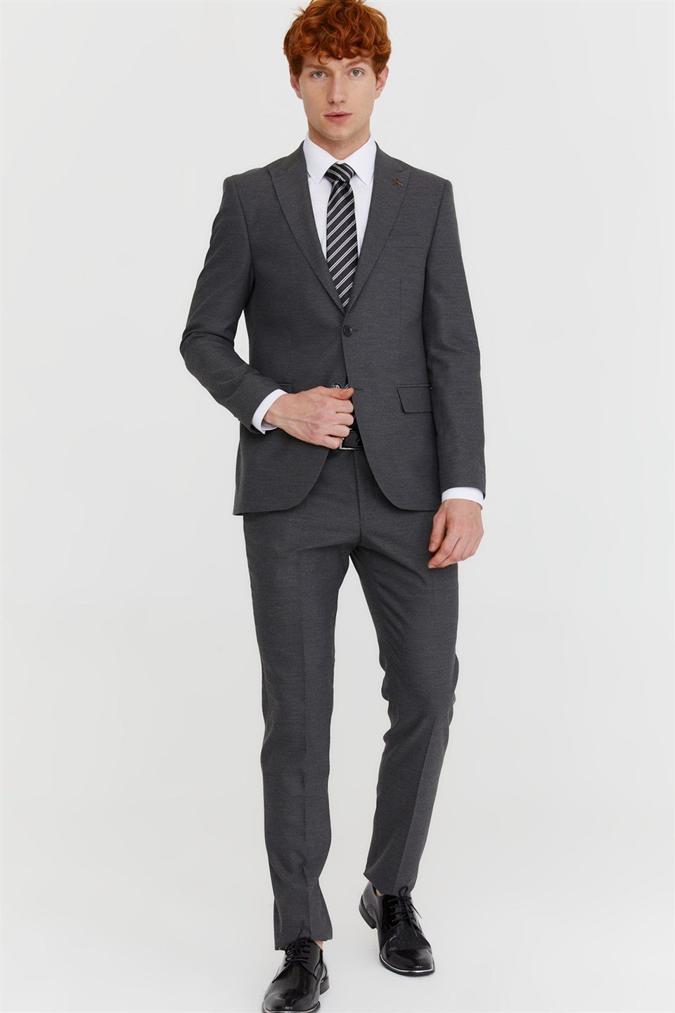  Morven Erkek Gri Slim Fit Dar Kesim Jakarlı 6 Drop Takım Elbise