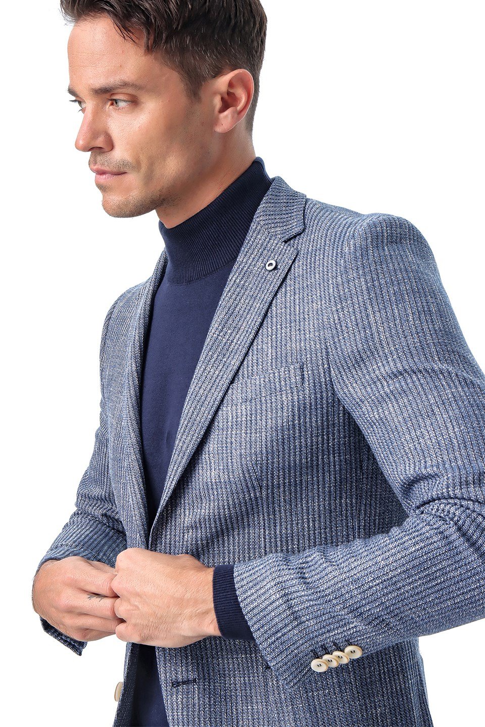  Morven Erkek Mavi Sligo Slim Fit Dar Kesim Torba Cep Desenli 6 Drop Ceket
