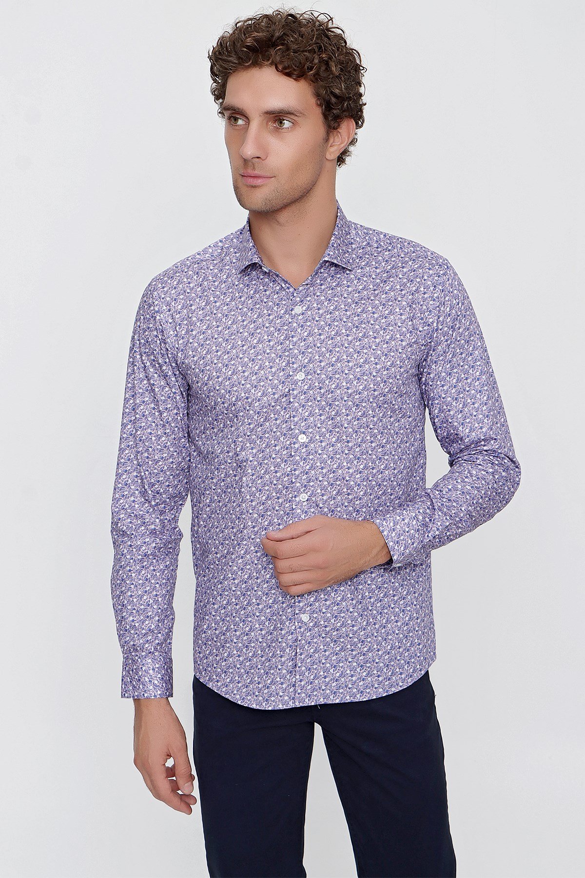 Morven Erkek Pembe Pamuk Baskılı Slim Fit Dar Kesim Gömlek