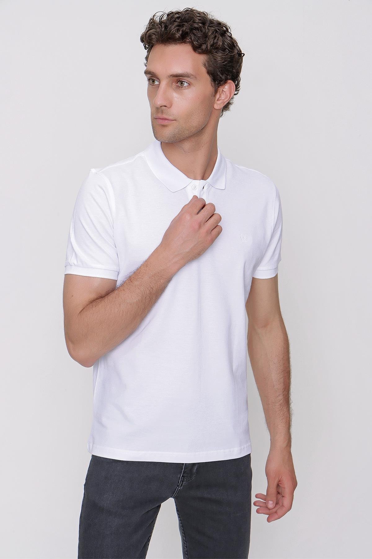 Erkek Beyaz Basic Düz %100 Pamuk Dynamic Fit Rahat Kesim Kısa Kollu Polo  Yaka Tişört