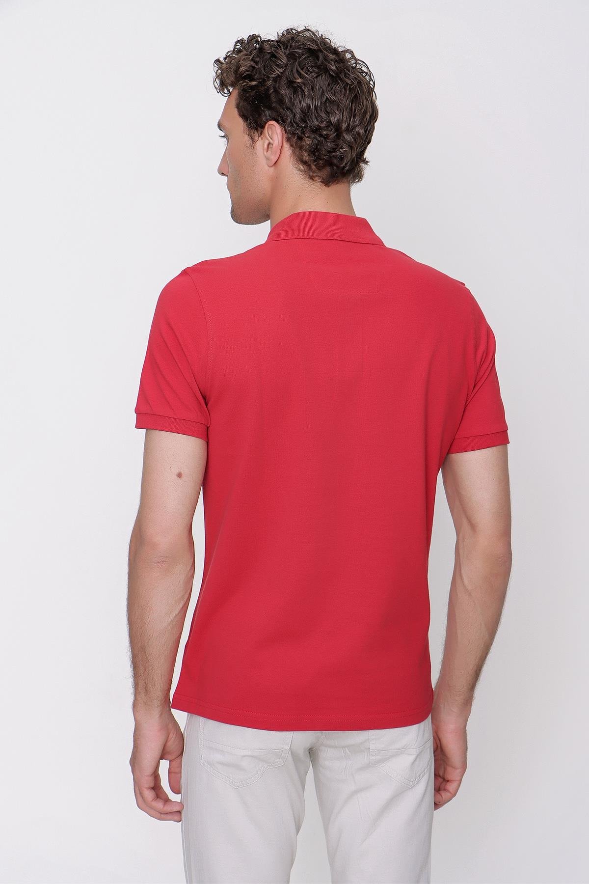 Erkek Kırmızı Basic Düz %100 Pamuk Dynamic Fit Rahat Kesim Kısa Kollu Polo  Yaka Tişört