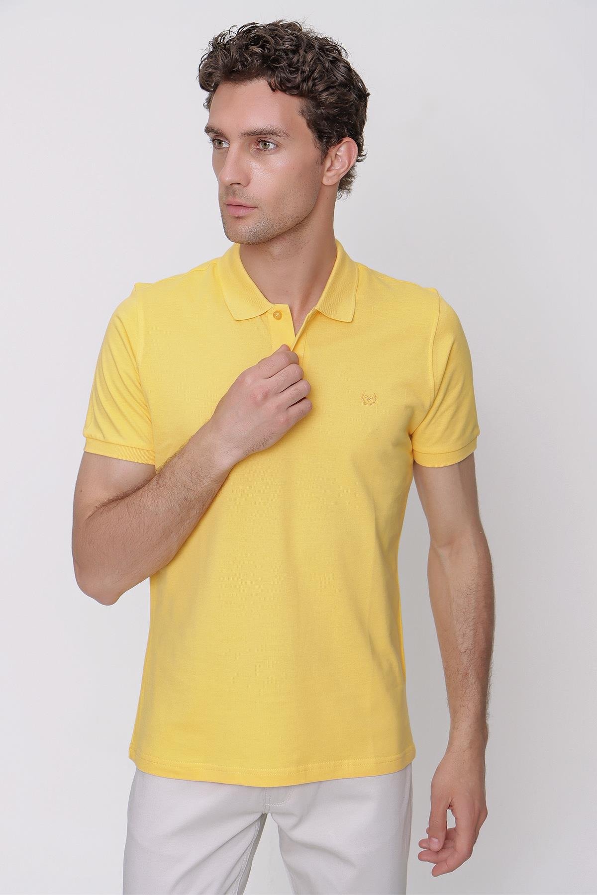 Erkek Sarı Basic Düz %100 Pamuk Dynamic Fit Rahat Kesim Kısa Kollu Polo  Yaka Tişört
