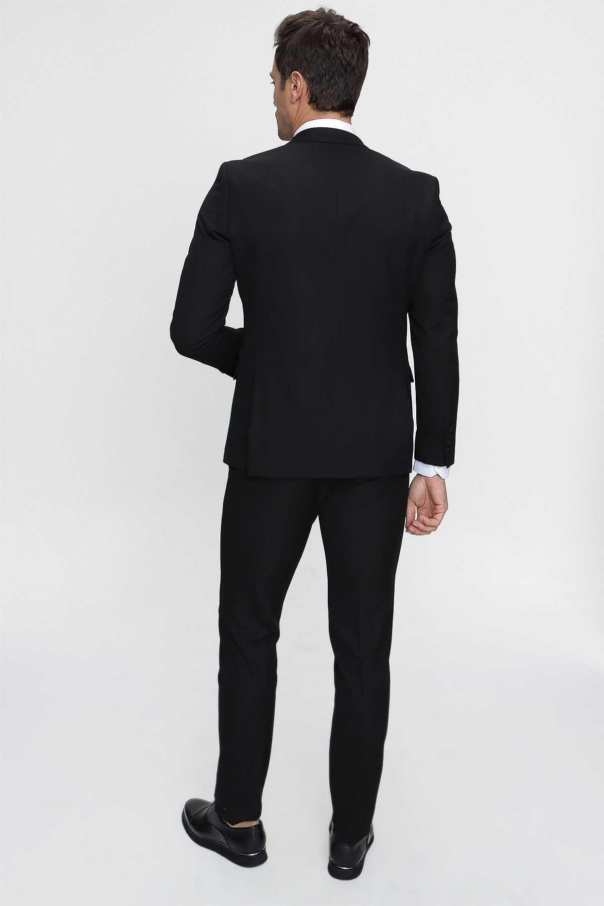 Erkek Siyah Basic Düz Slim Fit 3'lü Takım Elbise Slim Fit Gömlek Düz Kravat  - Takım Elbise