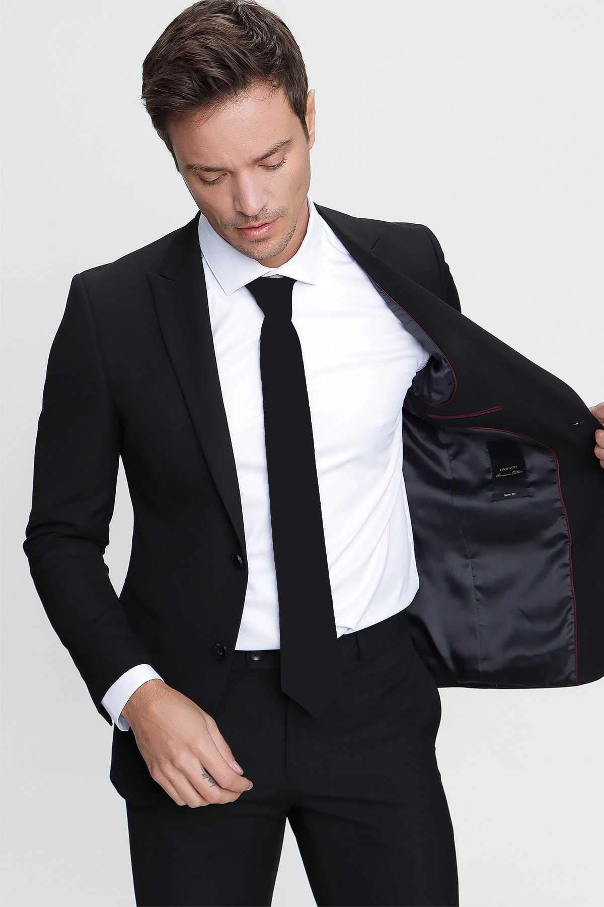 Erkek Siyah Basic Düz Slim Fit 3'lü Takım Elbise Slim Fit Gömlek Düz Kravat