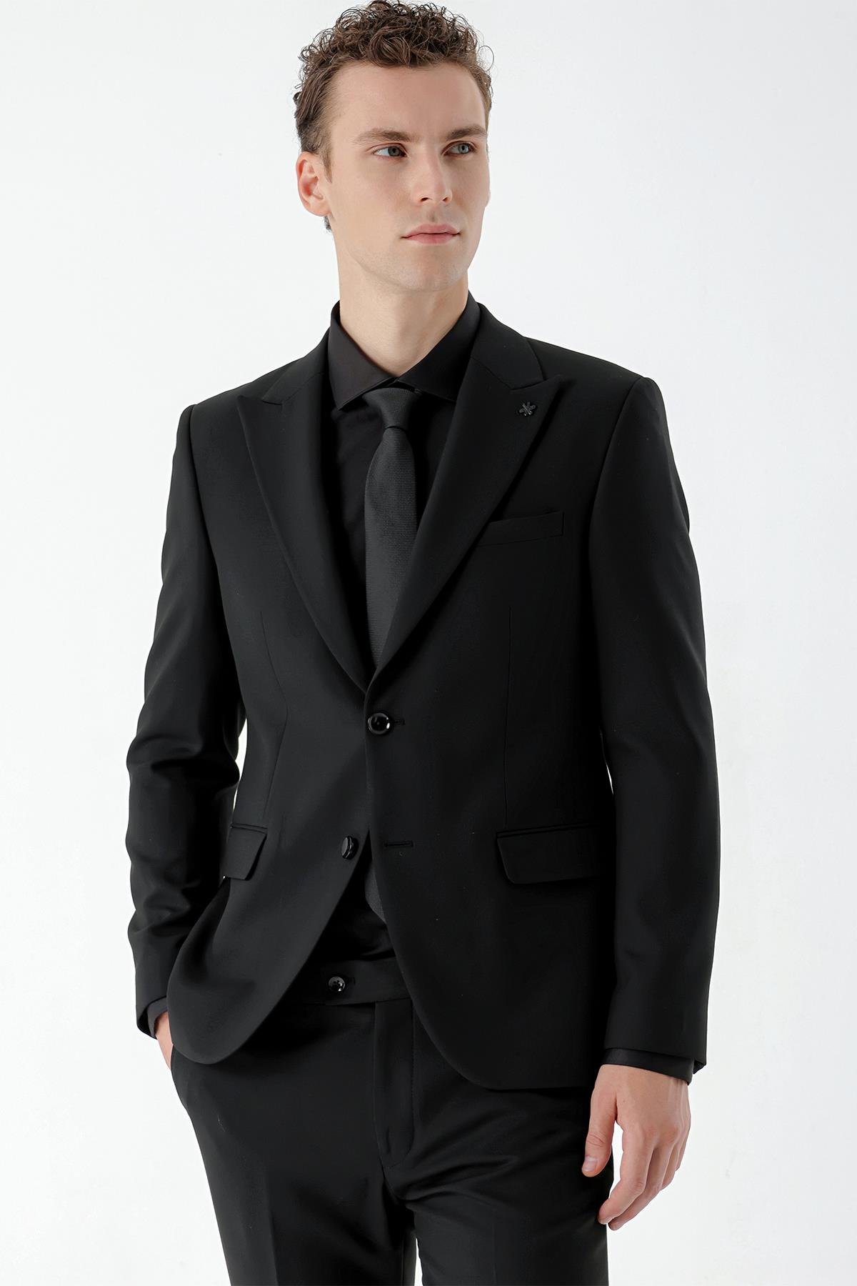 Erkek Siyah Basic Düz Slim Fit Takım Elbise (GÖMLEK,KRAVAT HEDİYE)
