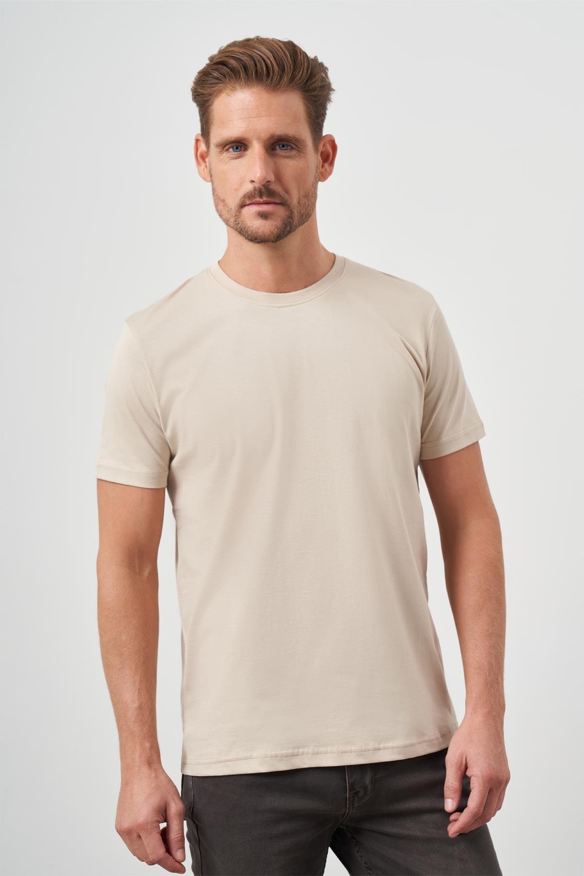 Morven Erkek Bej Basic Bisiklet Yaka Dynamic Fit T-Shirt