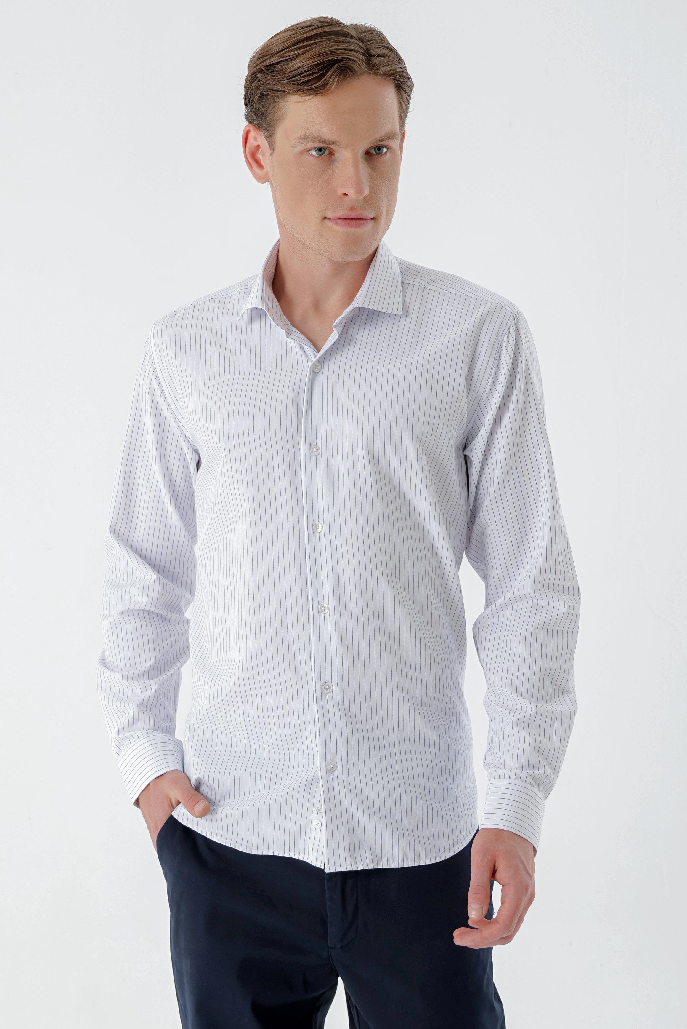 Morven Erkek Beyaz Trend Çizgili Panolu İtalyan Yaka Slim Fit Gömlek