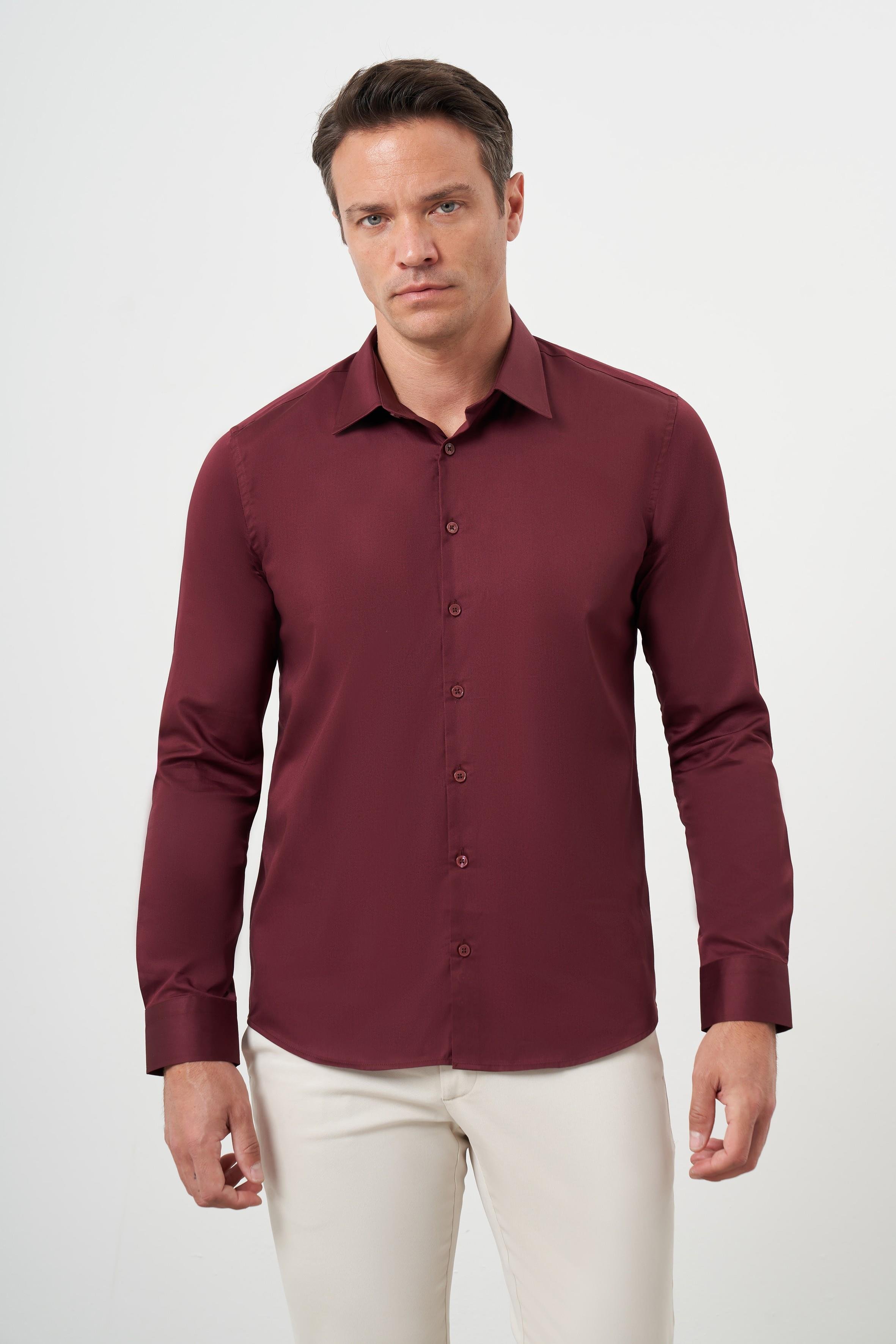 Morven Erkek Bordo Pamuk Düz Desen Sert Yaka Slim Fit  Gömlek