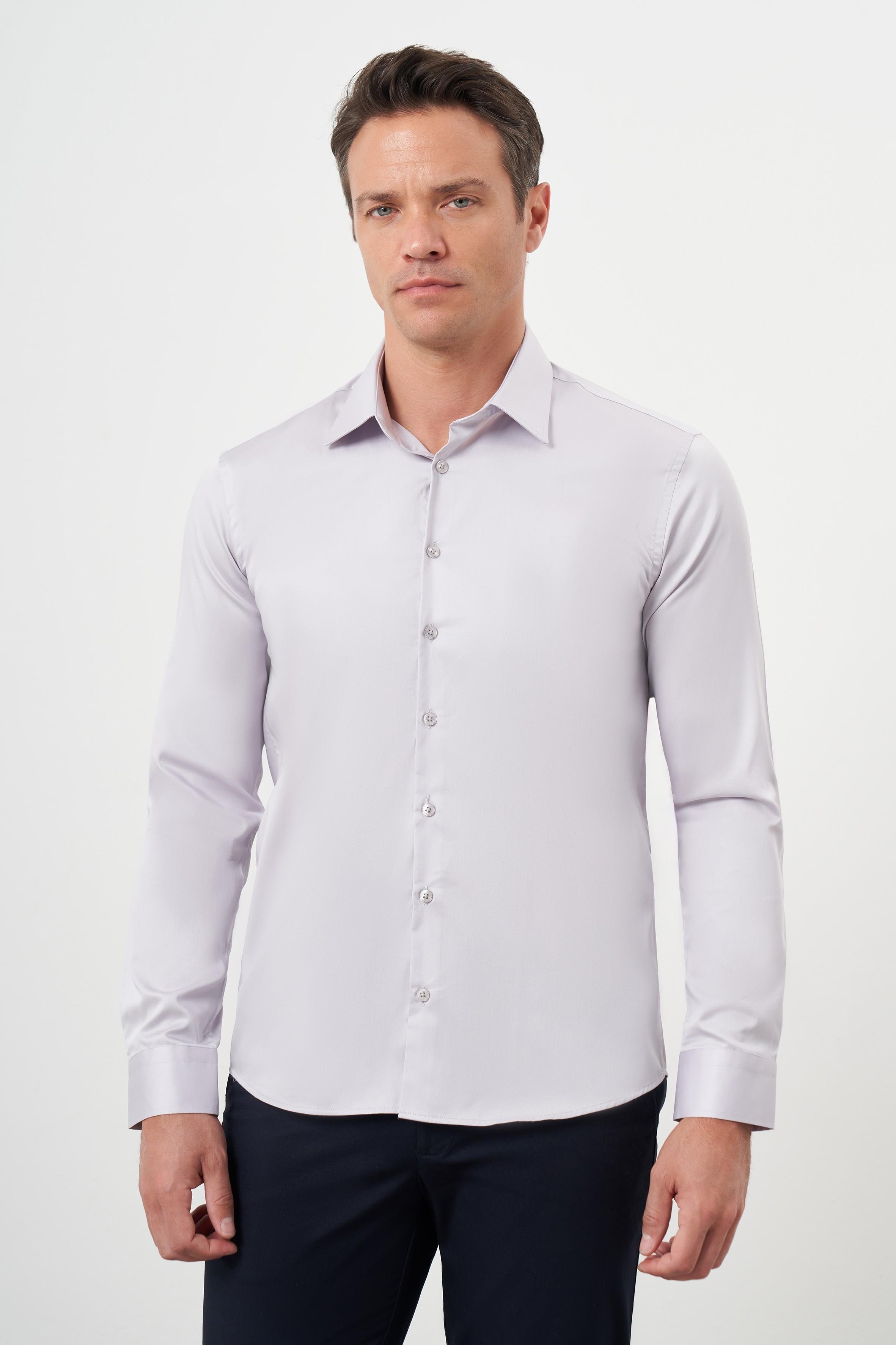 Morven Erkek Gri Pamuk Düz Desen Sert Yaka Slim Fit  Gömlek