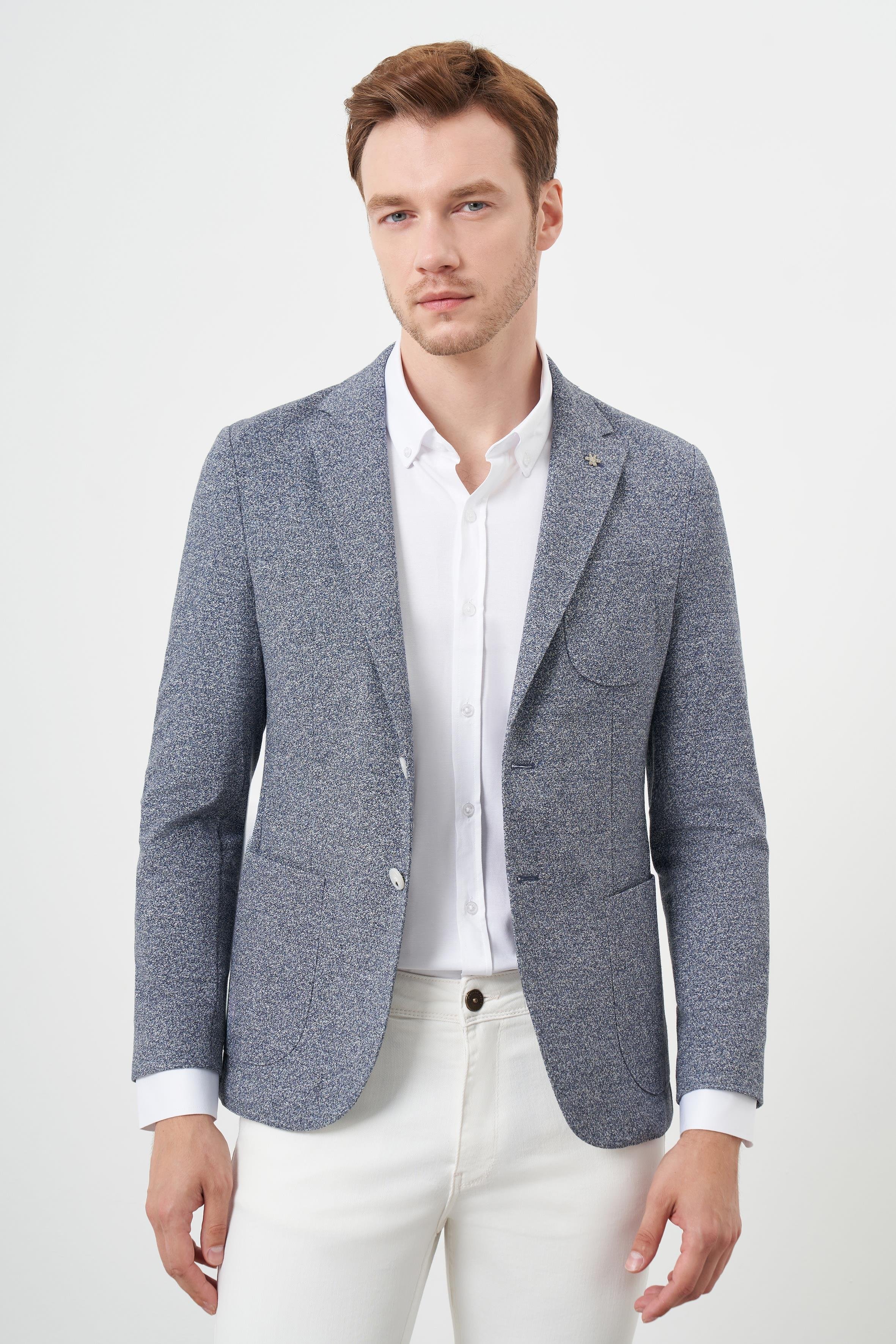 Morven Erkek İndigo Örme Slim Fit Torba Cep Mono Yaka Spor Ceket