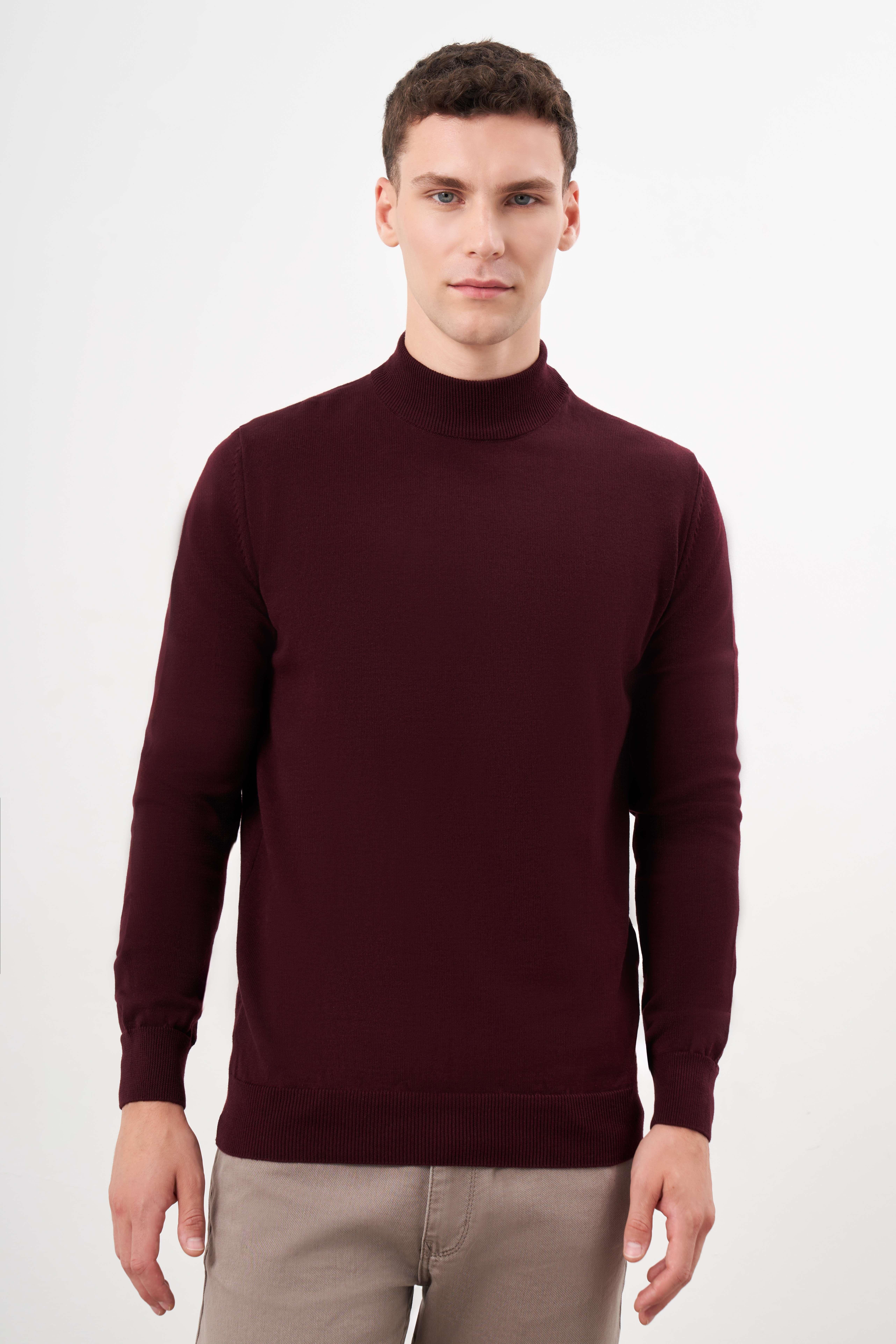 Morven Erkek Koyu Bordo Basic Yarım Balıkçı Yaka Dynamic Fit Rahat Kesim Triko