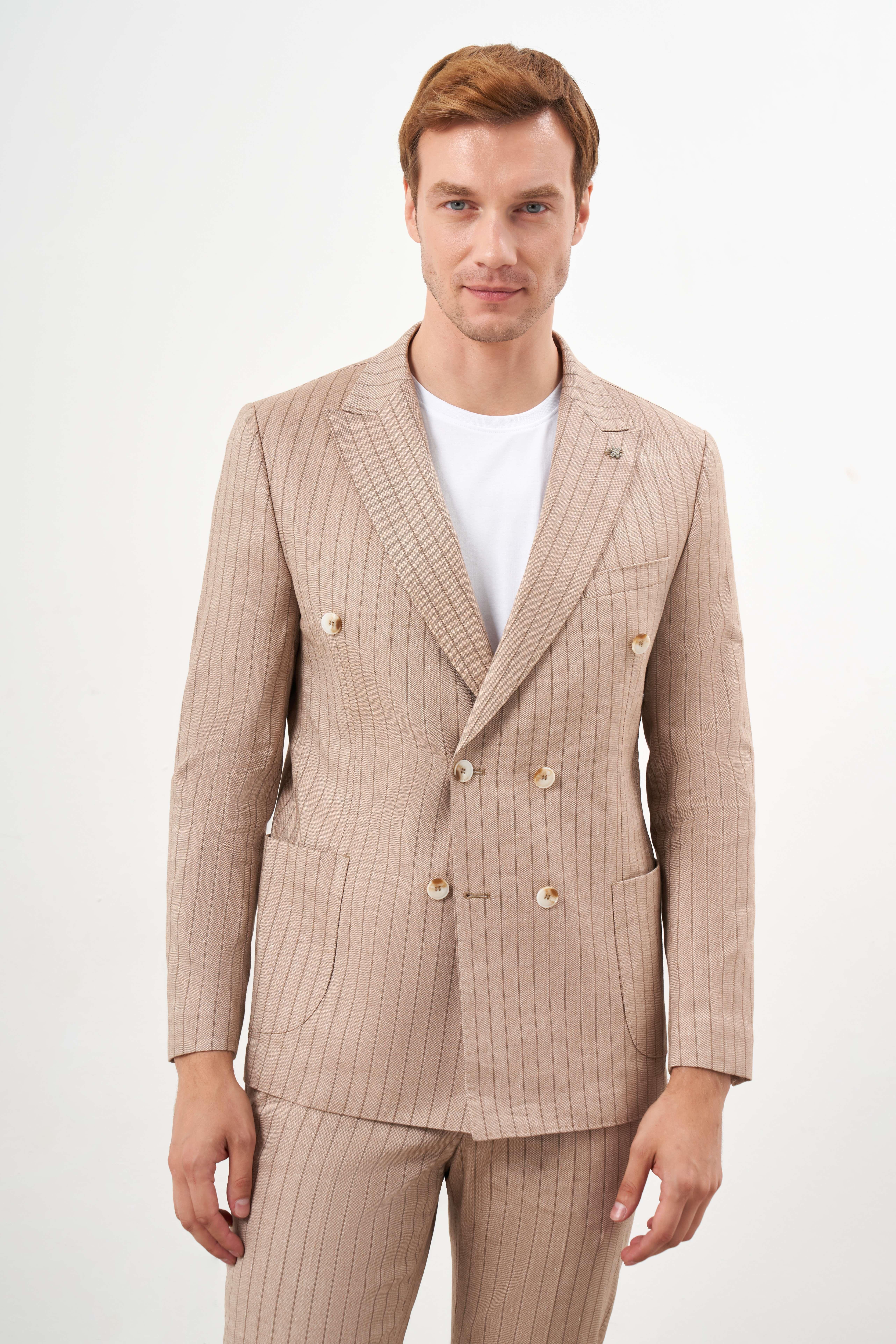 Morven Erkek Kremrengi Keten Trend Kruvaze Slim Fit Sivri Yaka Takım Elbise