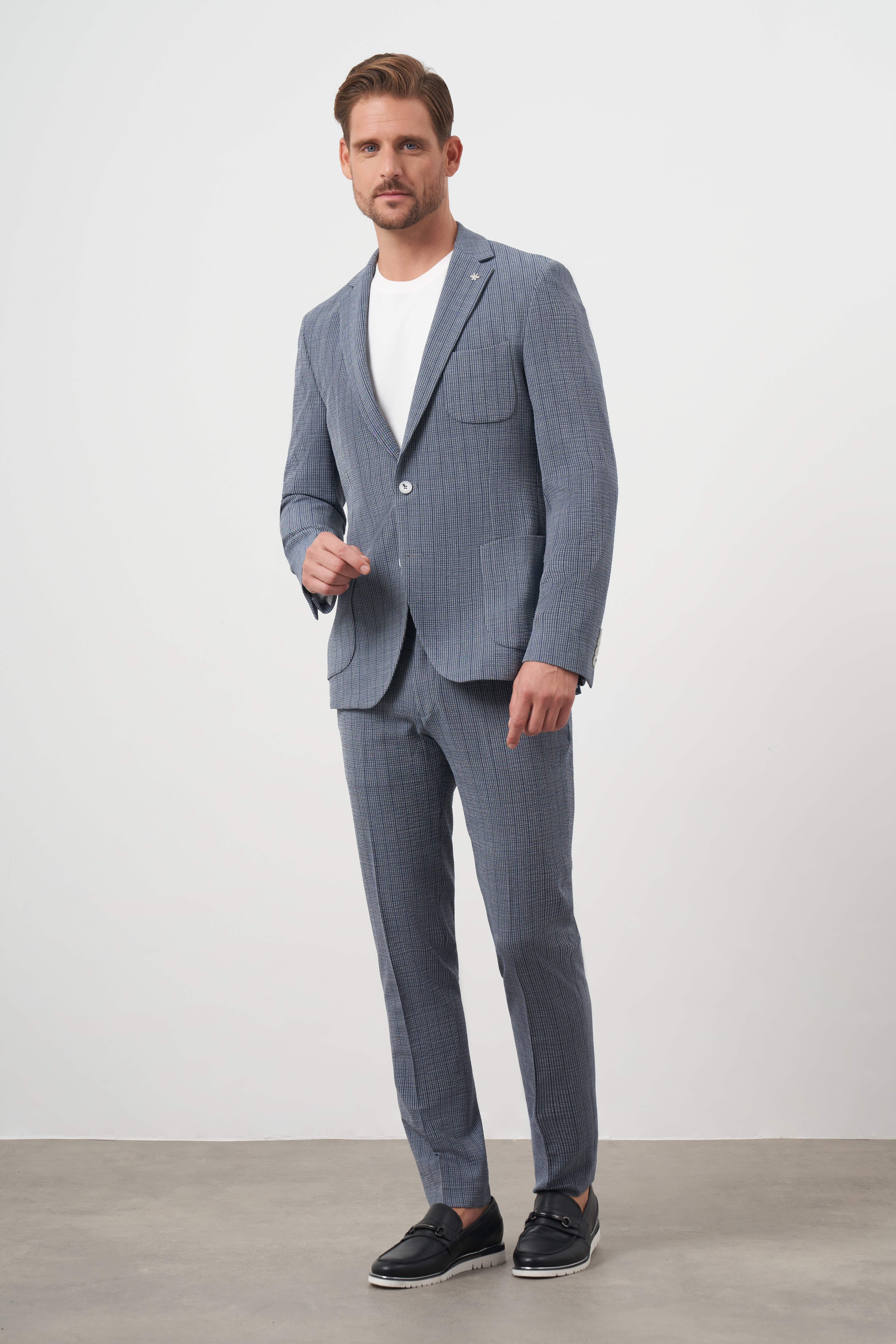 Morven Erkek Lacivert Poliviskon Trend Çizgili Desen Slim Fit Mono Yaka Takım Elbise