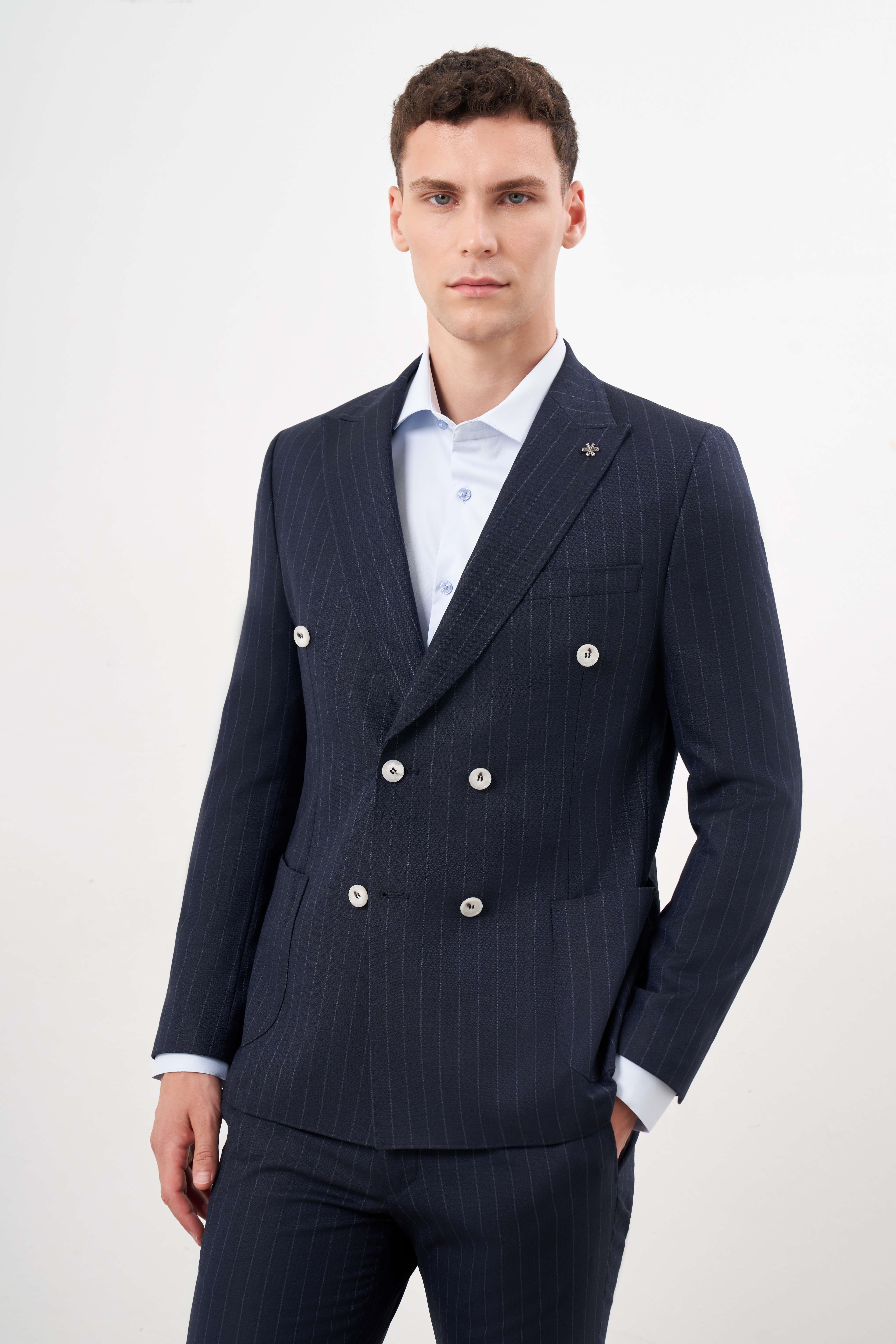 Morven Erkek Lacivert Poliviskon Trend Kruvaze Slim Fit Sivri Yaka Takım Elbise