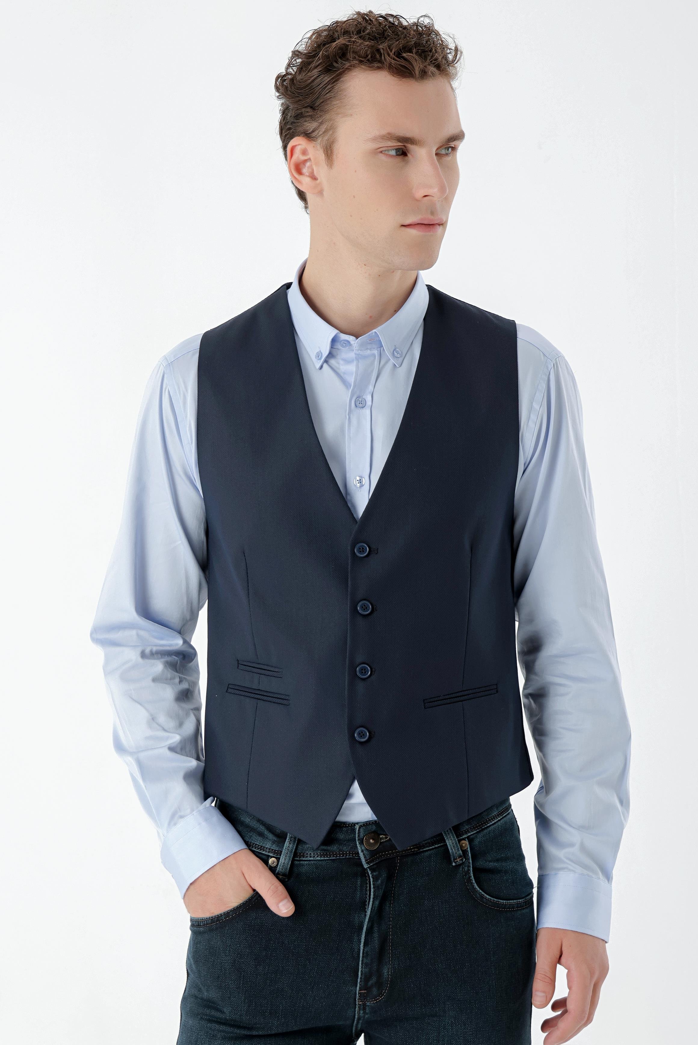 Morven Erkek Lacivert Rabat Jakarlı Slim Fit Yelek