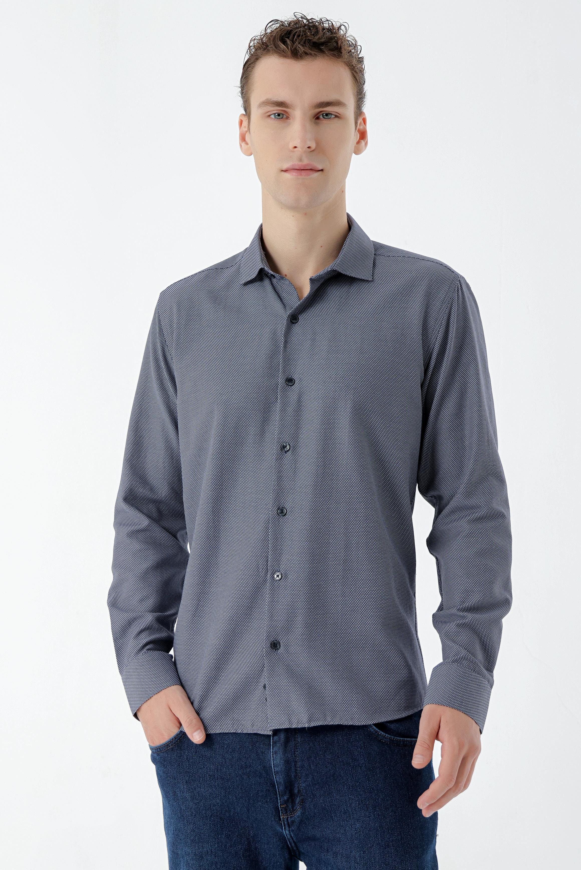 Morven Erkek Lacivert Trend Baskılı Desenli İtalyan Yaka Slim Fit Gömlek