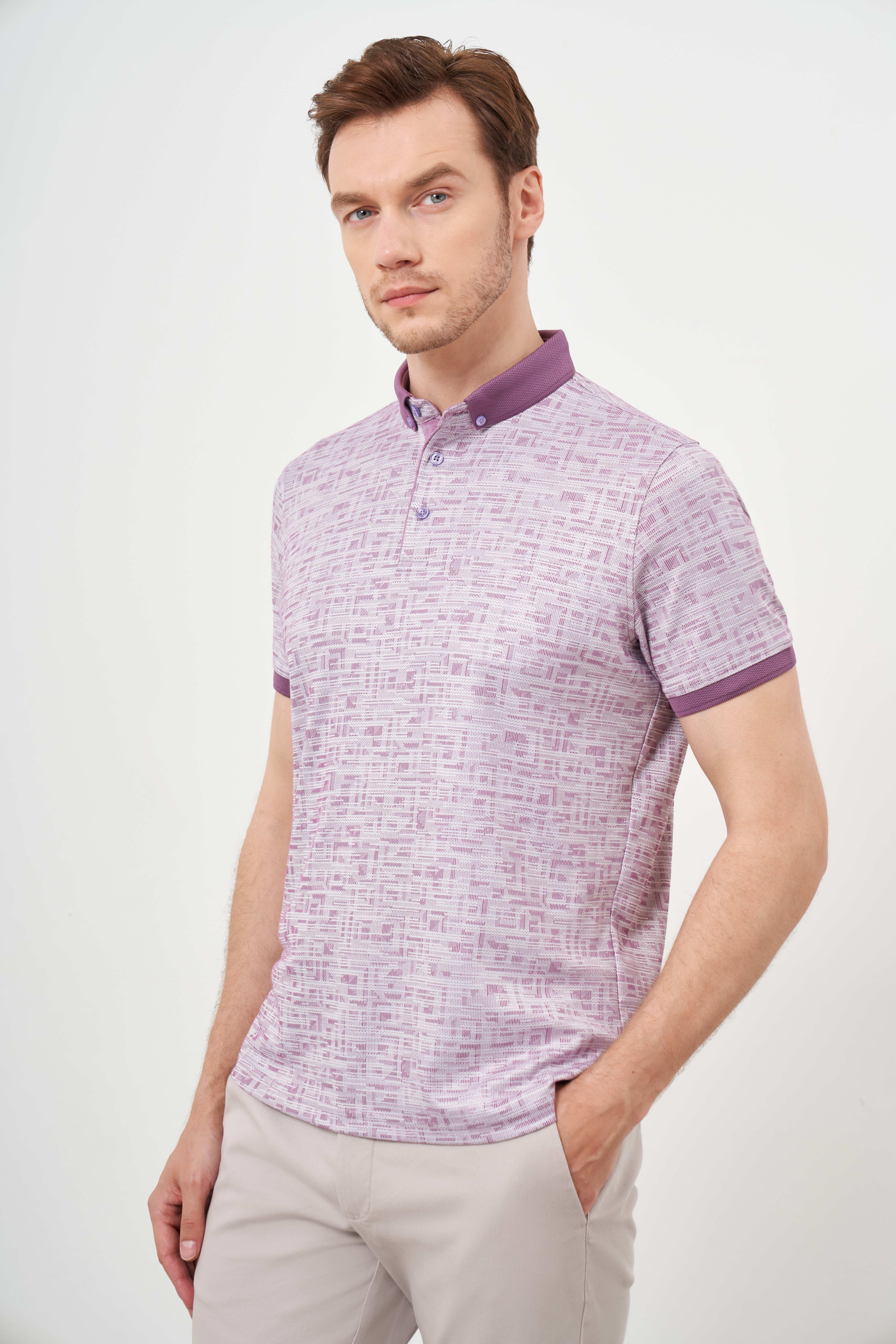 Morven Erkek Lila Trend Merserize Jakar Desen Düğmeli Yaka Dynamic Fit T-Shirt