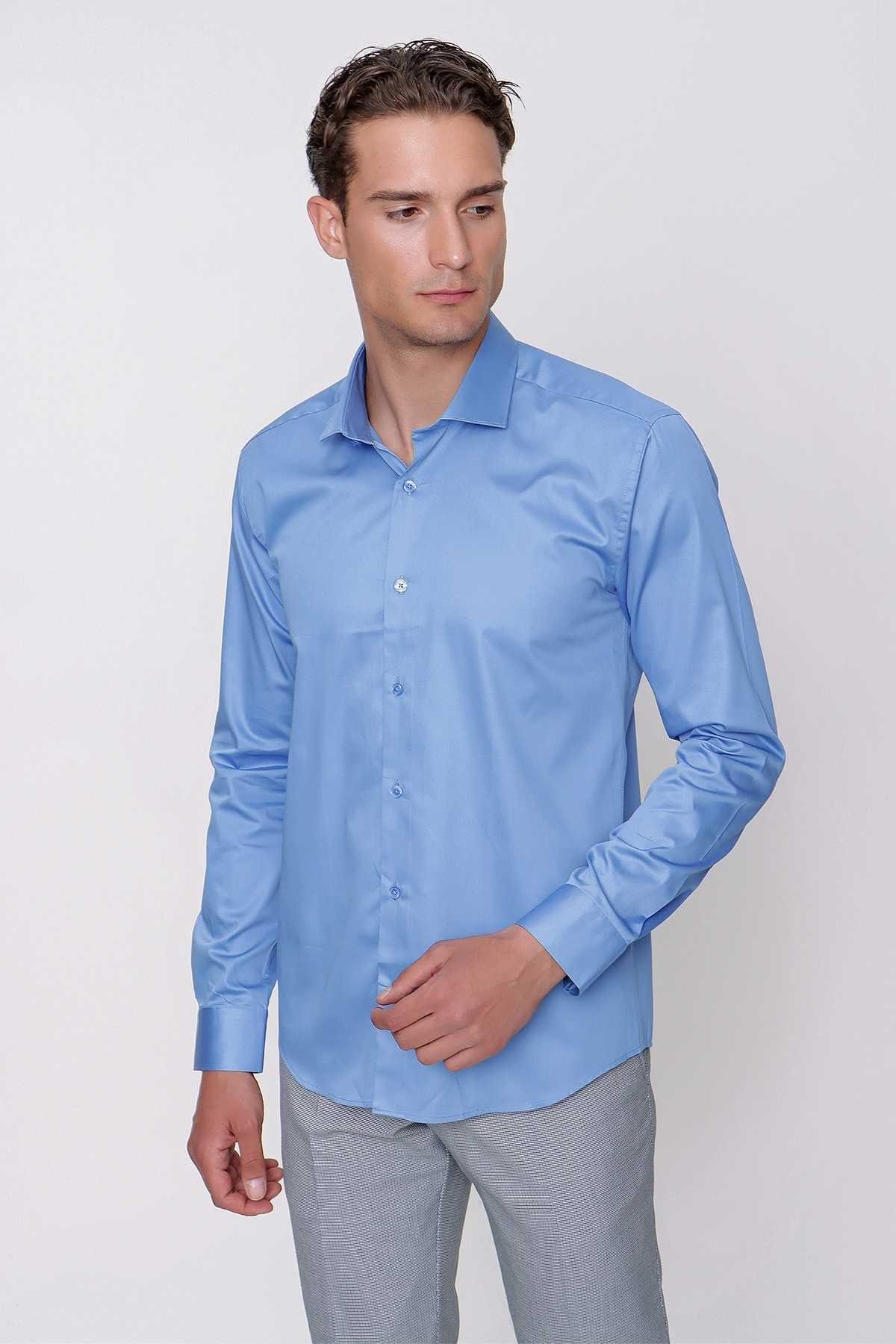 Morven Erkek Mavi Compact Slim Fit Dar Kesim Düz %100 Pamuk  Saten Gömlek